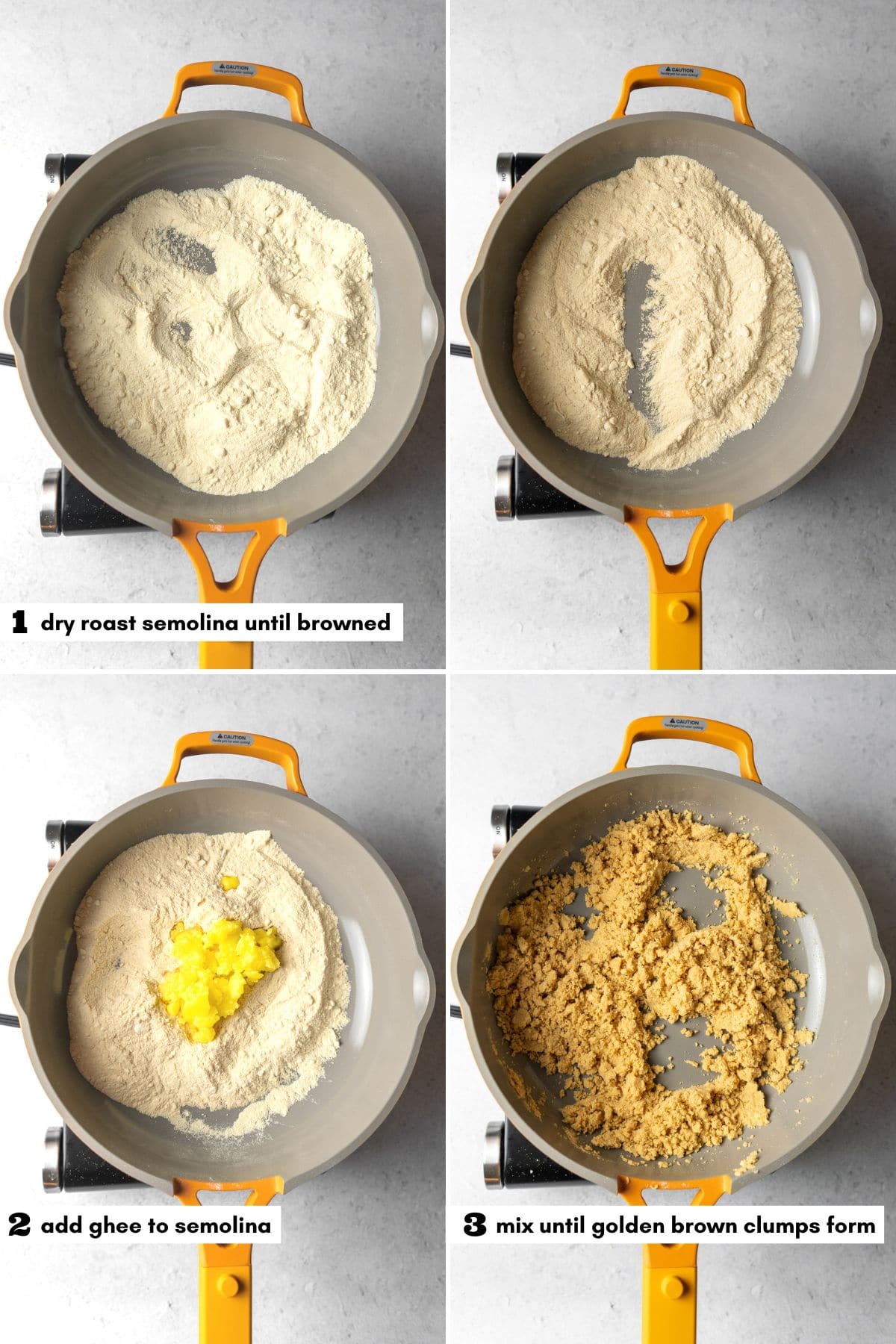process collage with numbers of labels of browning semolina and adding ghee in a pan.