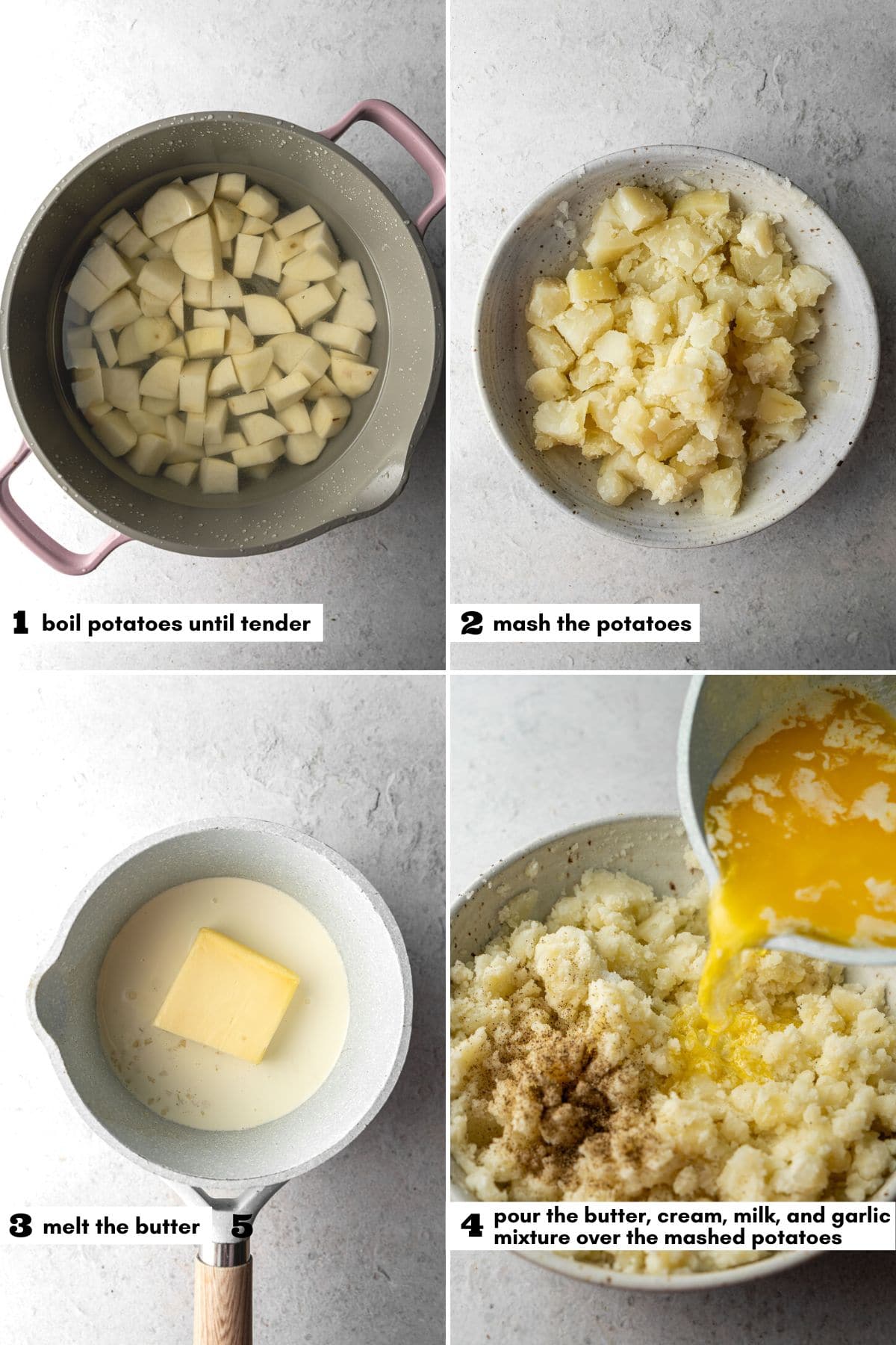Number and labeled collage of boiling potatoes, mashing them, and then pouring a creamy butter mixture.