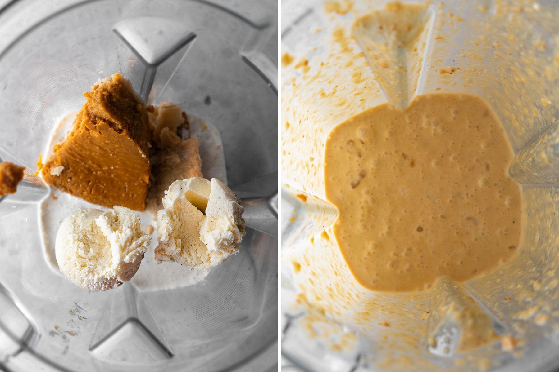 pumpkin pie with ice cream in a blender and the milkshake blended collage.