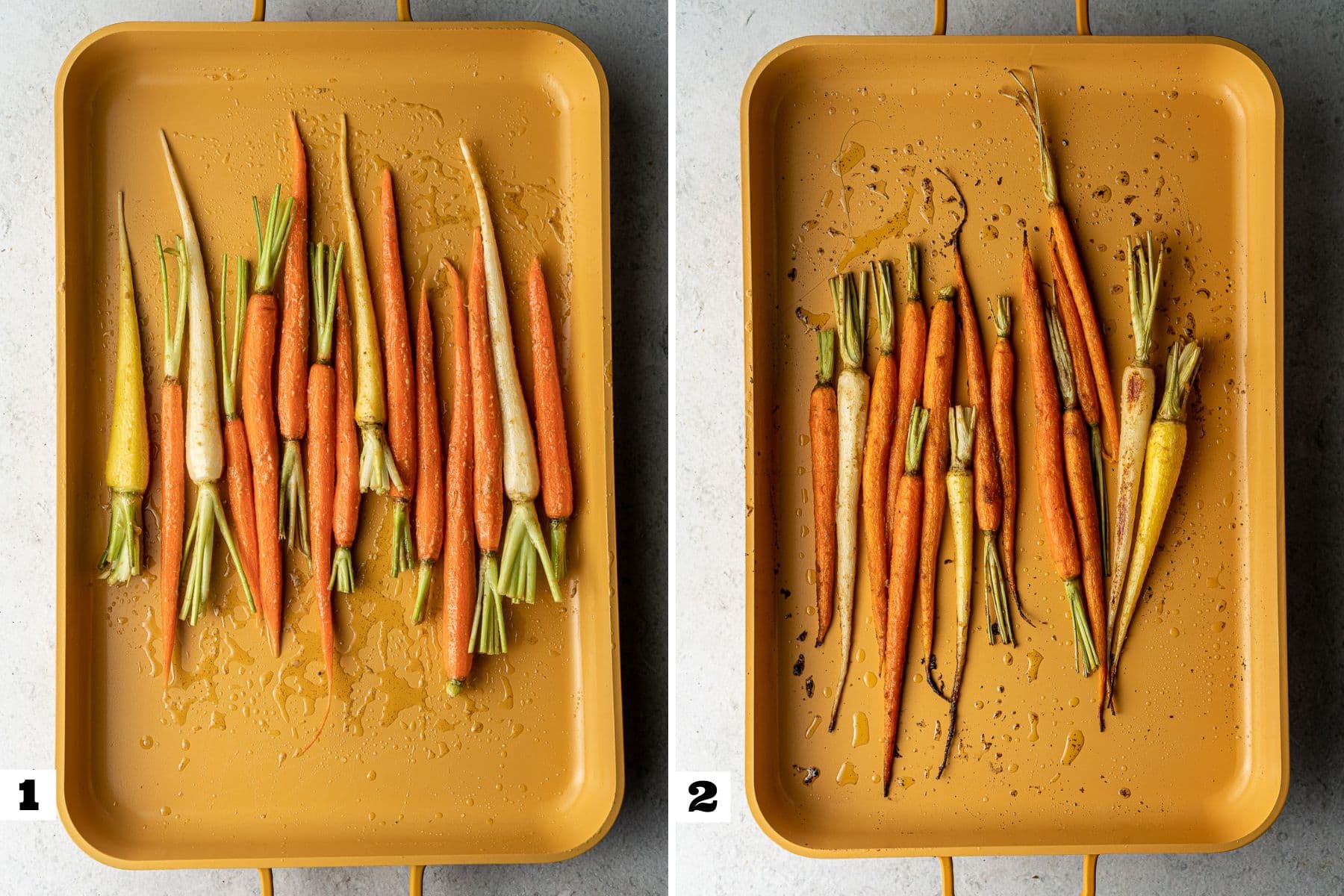 Collage of unroasted and roasted carrots in an oven pan.