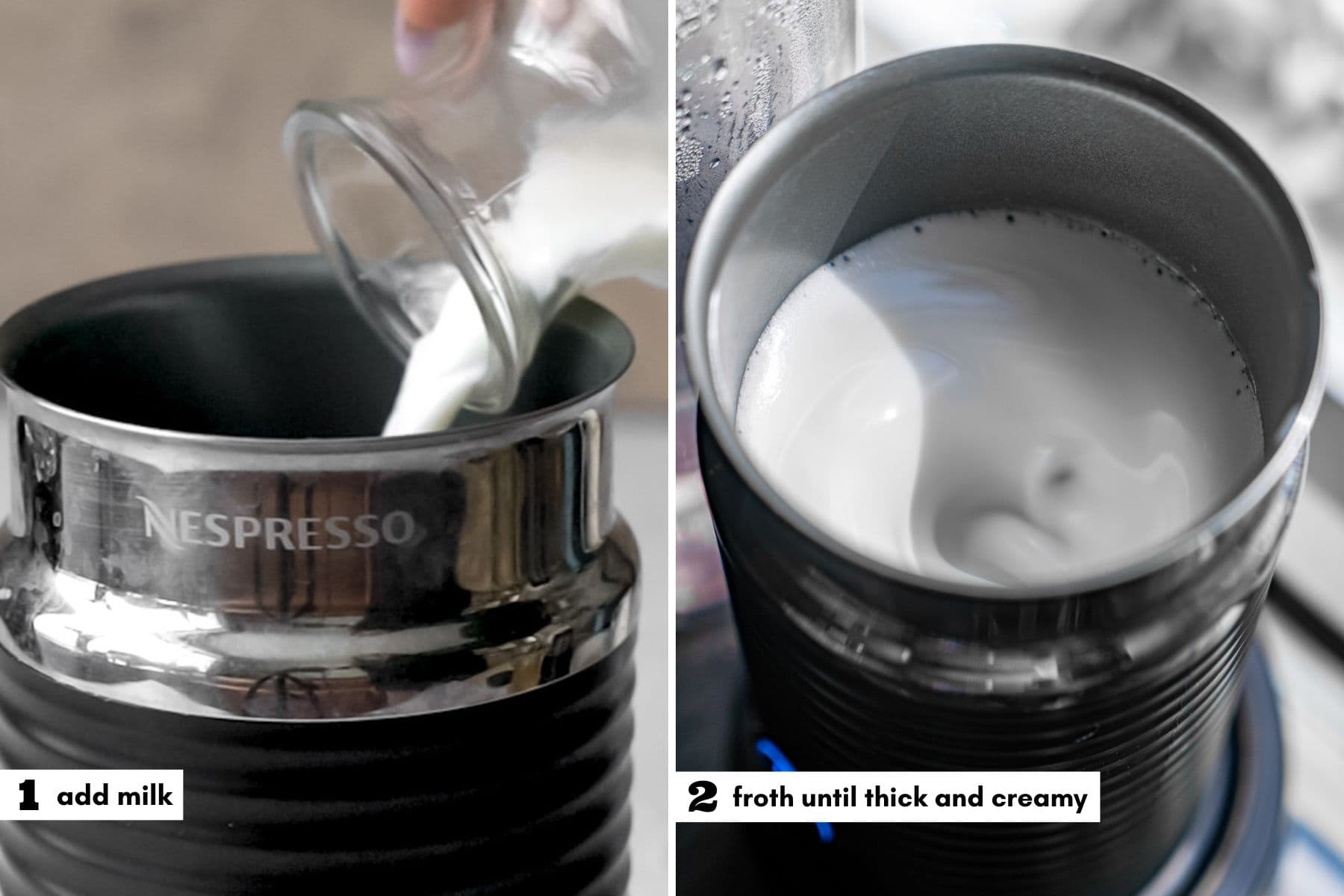 Collage of Frothing Milk in a Nespresso Aeroccino with numbered instruction labels.