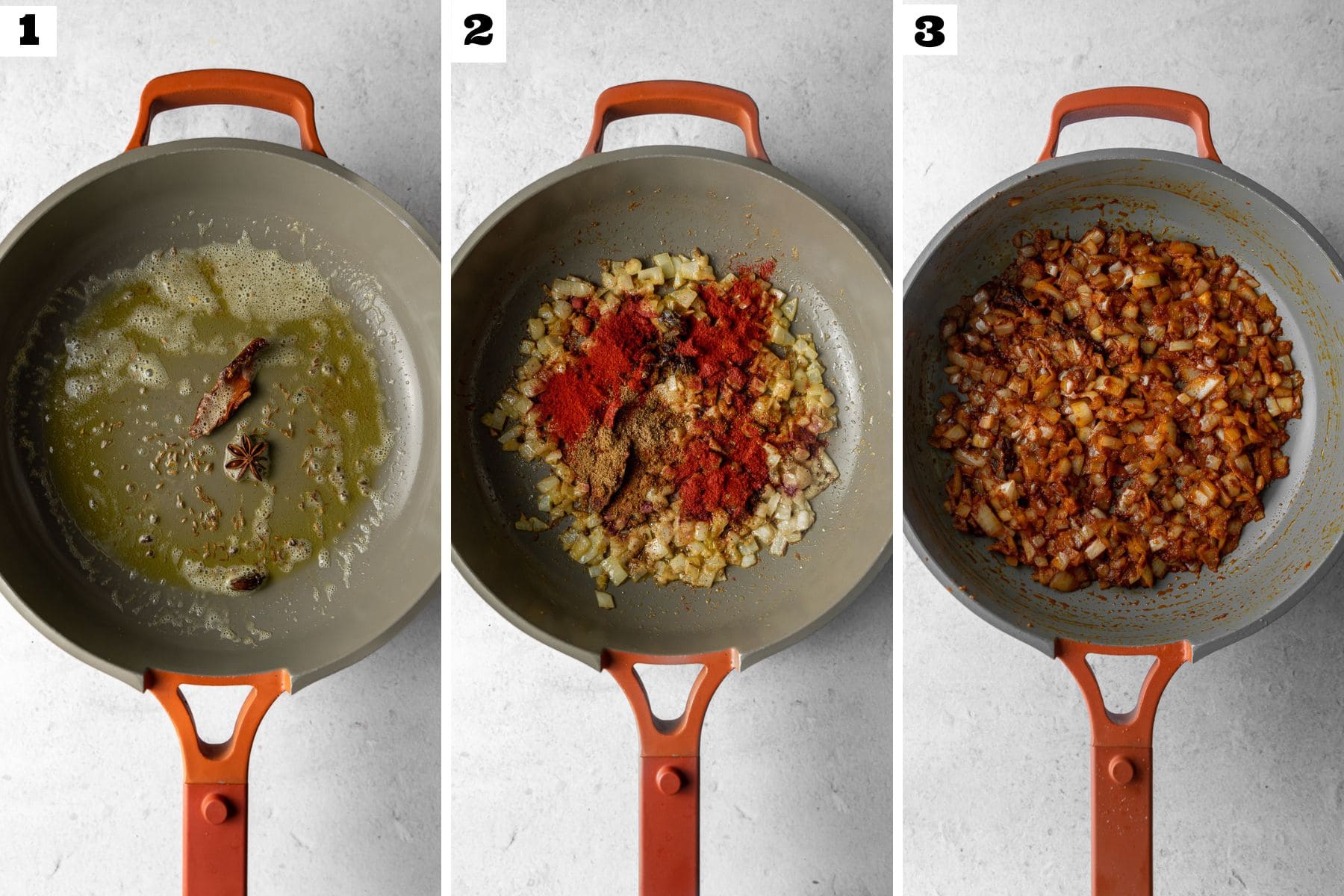 3 photos labeled with steps demonstrate the stages of frying onions and roasting spices.