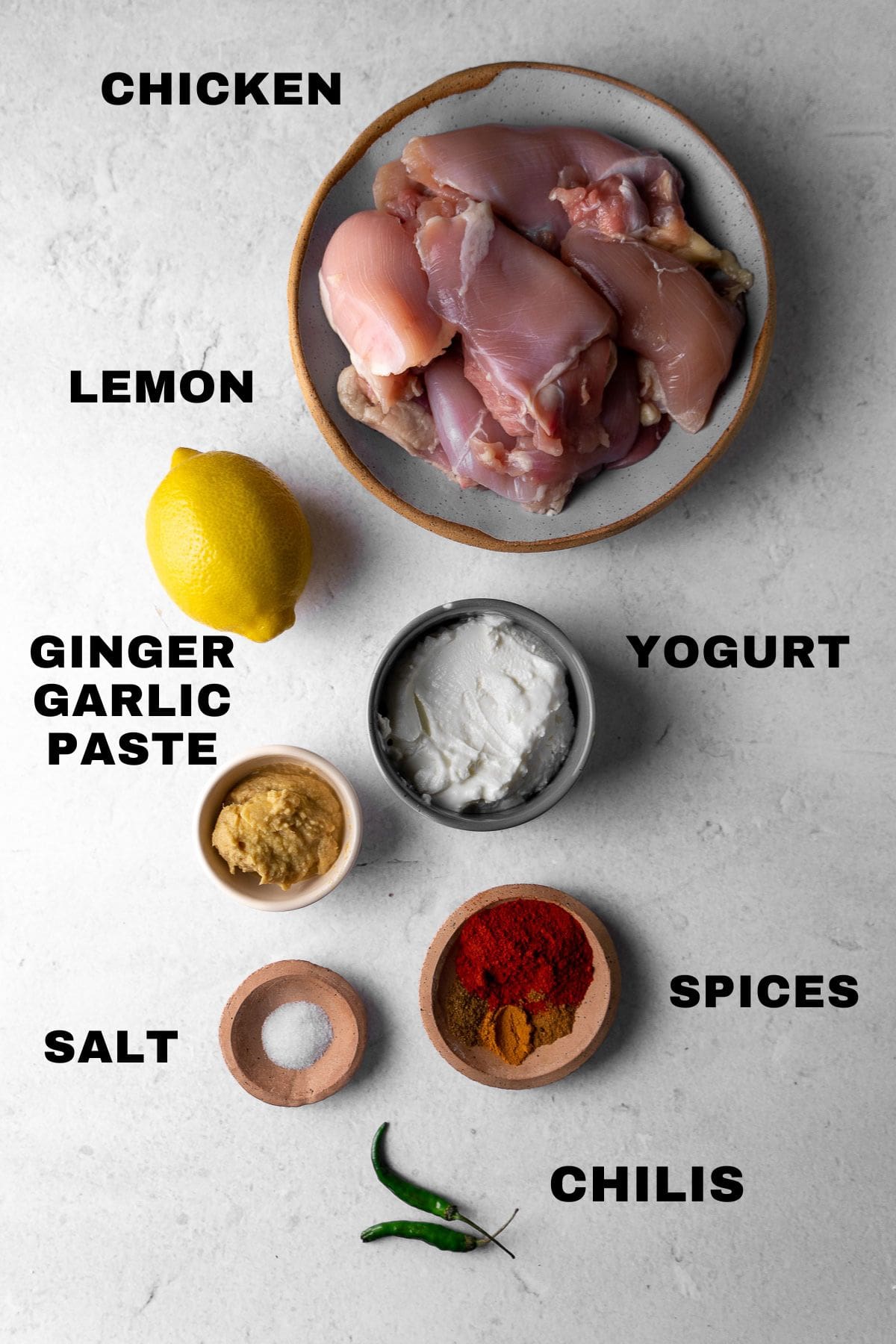 Ingredients for butter chicken marinade with labels.