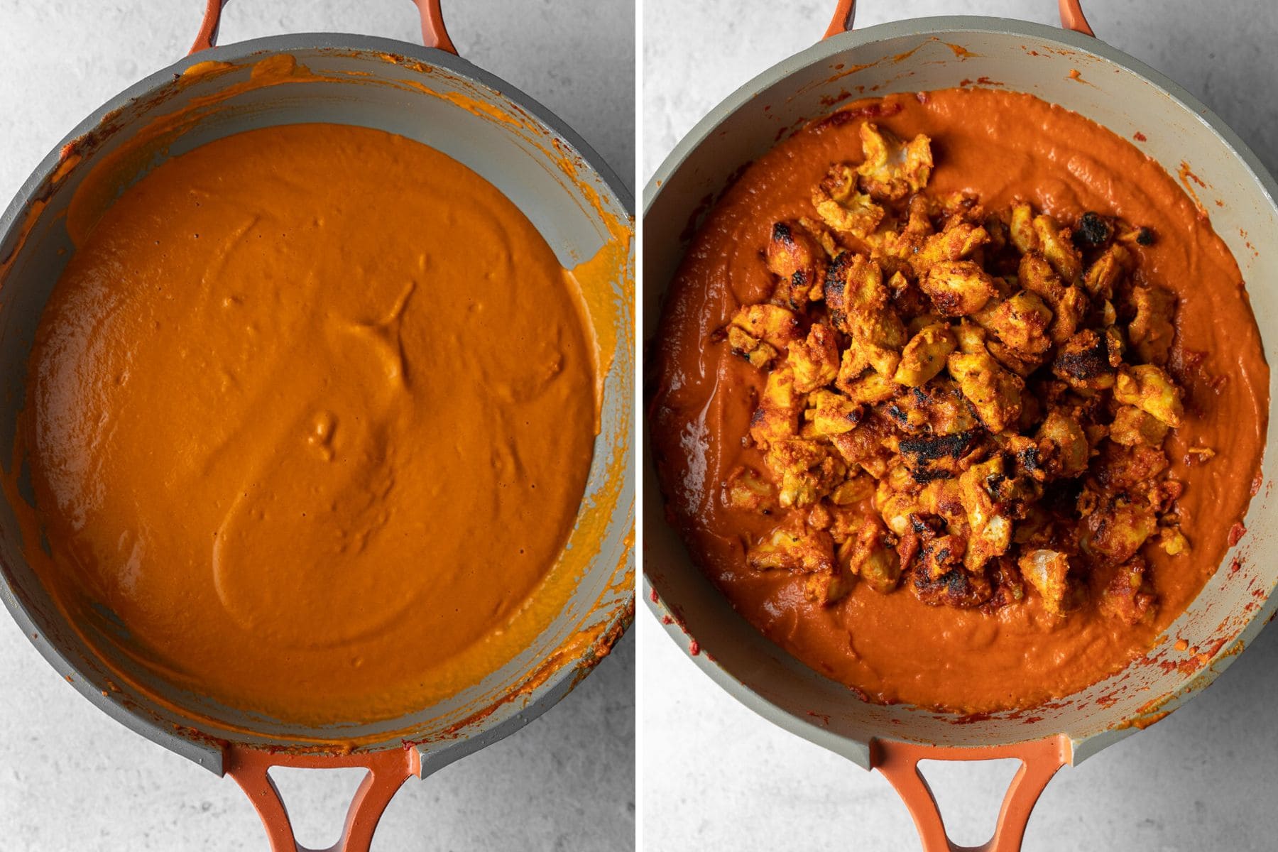 Collage of blended butter chicken sauce with the chicken added.