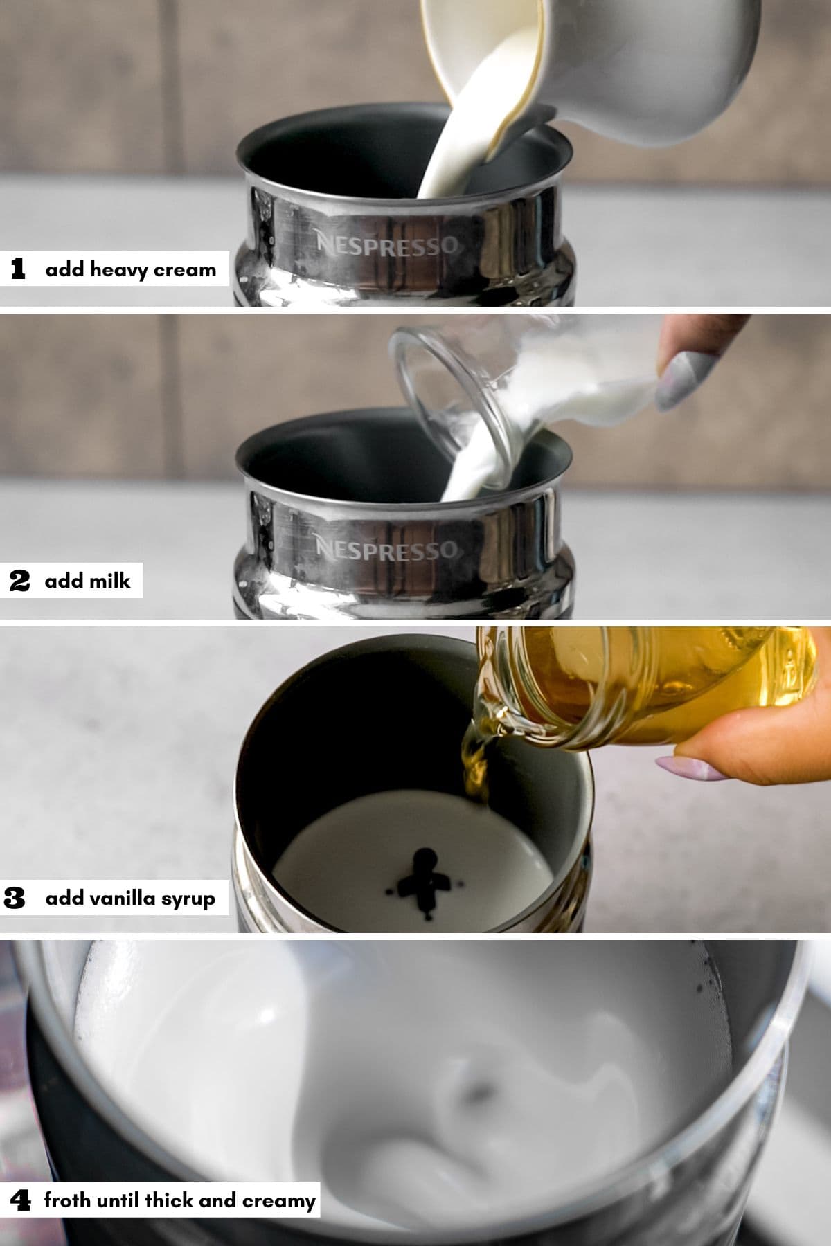 Collage of adding ingredients for vanilla sweet cream cold foam to an aeroccino and frothing with numbered and instruction labels.