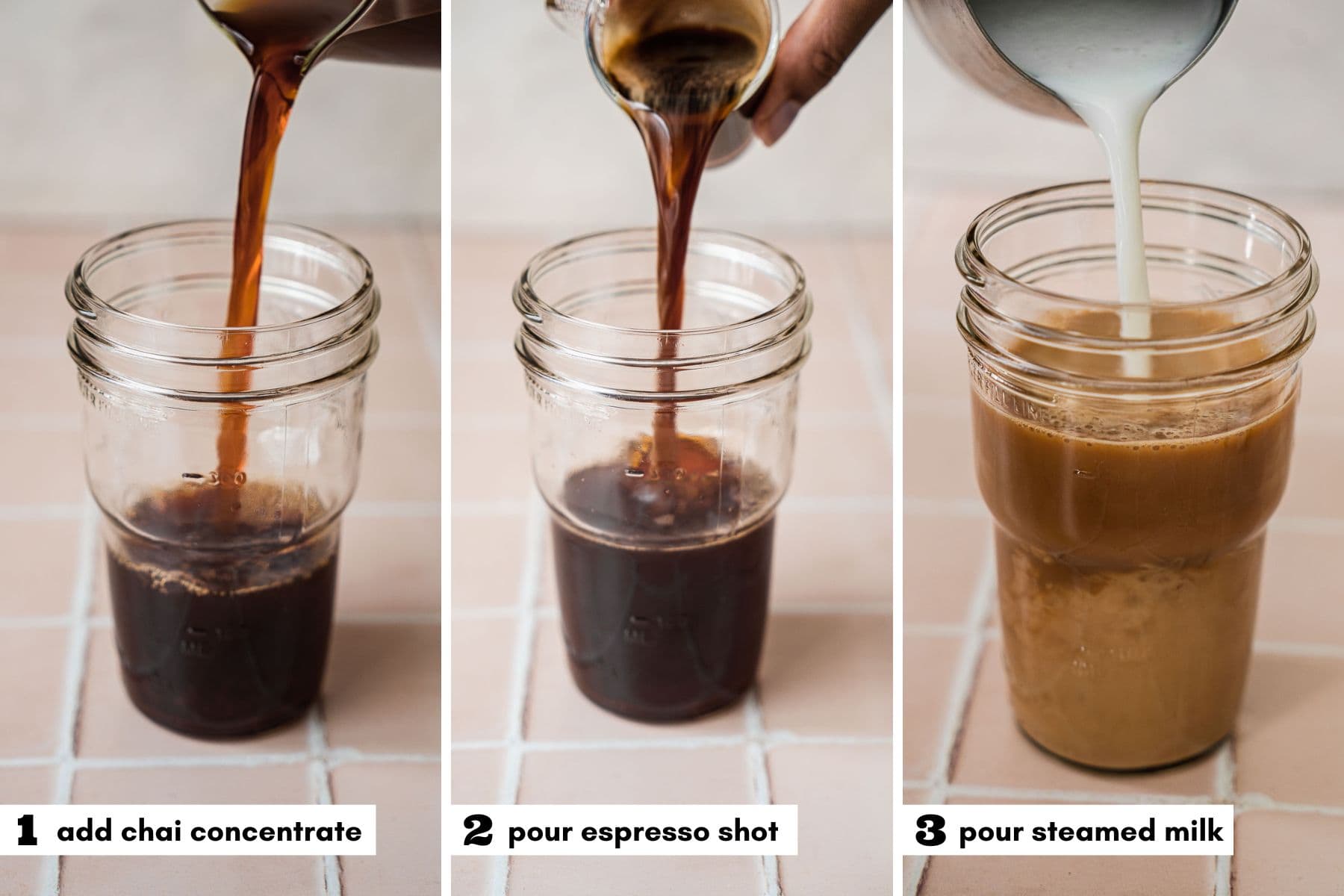 Process collage with numbers and labels of pouring dirty chai ingredients into a glass.
