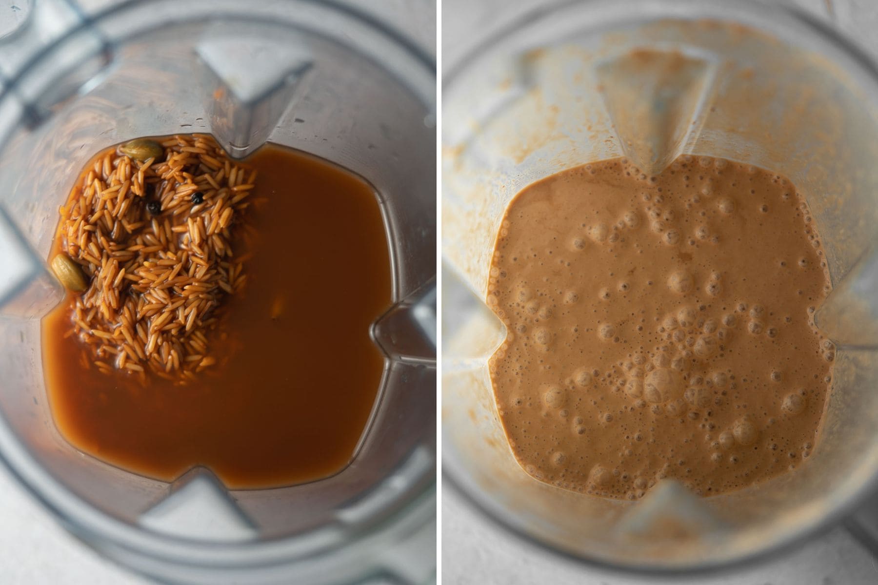 Collage of chai horchata ingredients in a blender and then blended.