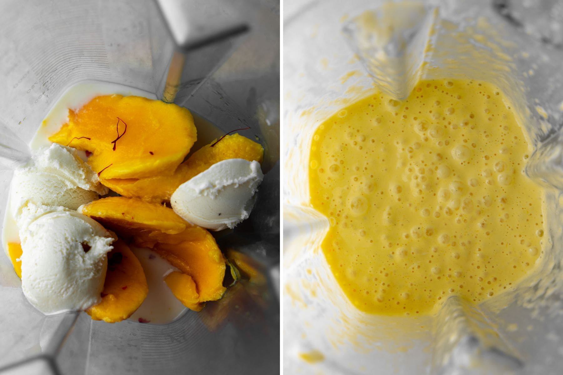 Collage of blended and unblended Mango mastani.