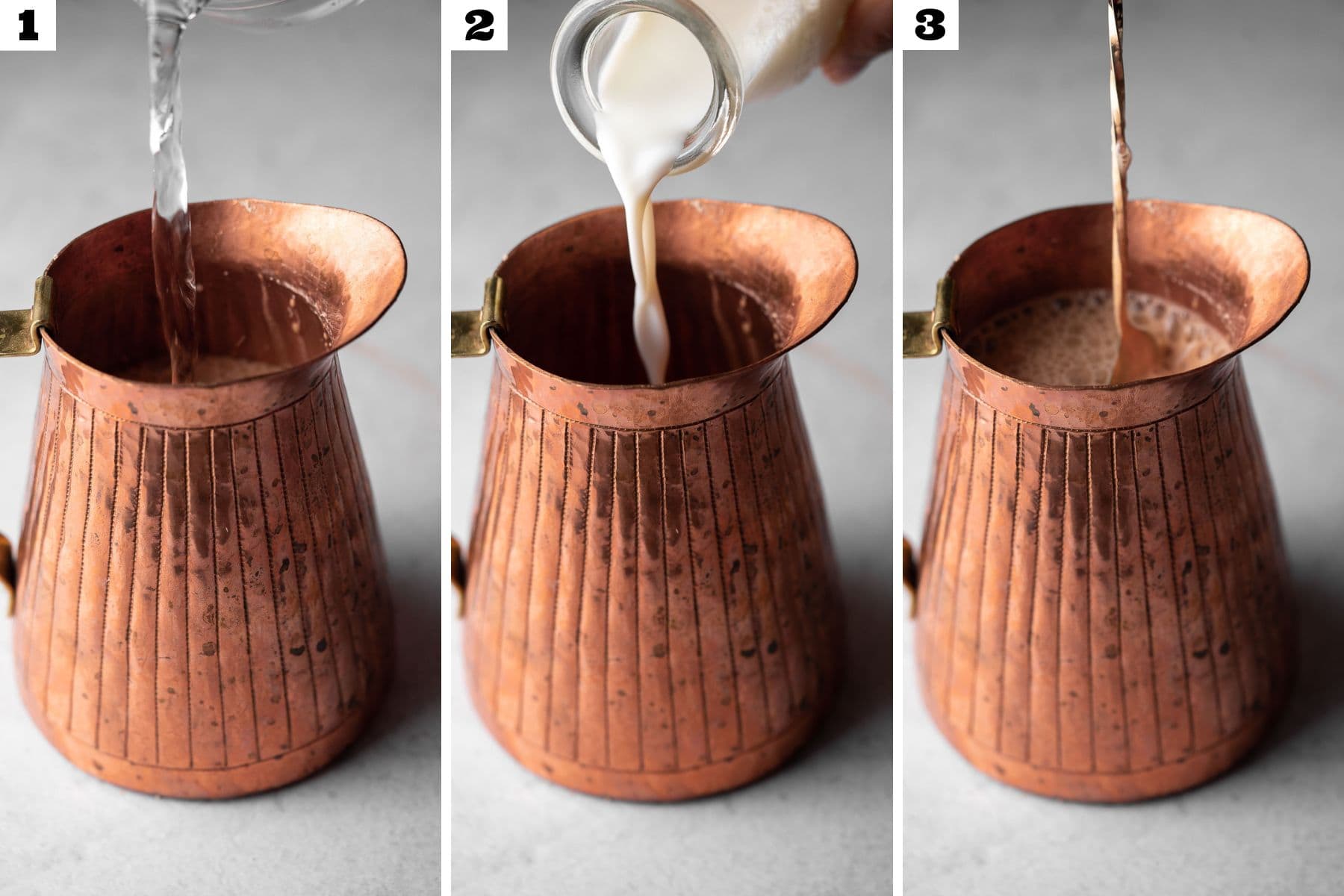 Collage of adding water and milk into a copper pitcher and stirring it with a metal spoon.
