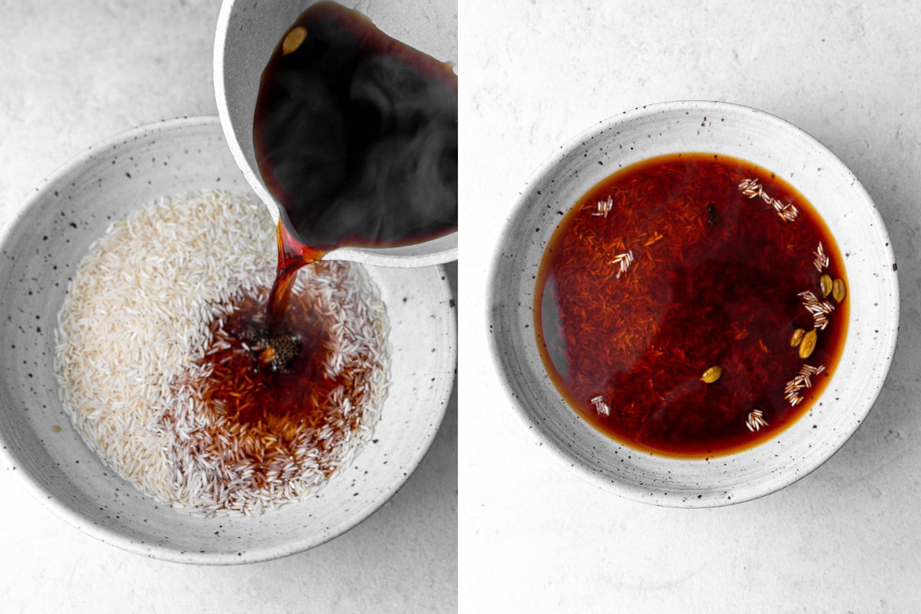 Collage of pouring rice into washed rice and soaking it in the liquid.