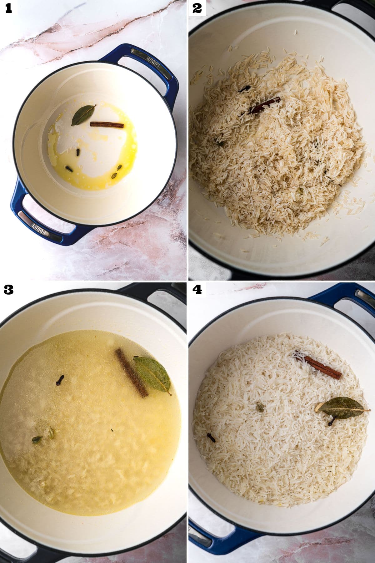 A numbered collage of blooming spices in a lodge pot and cooking basmati rice.