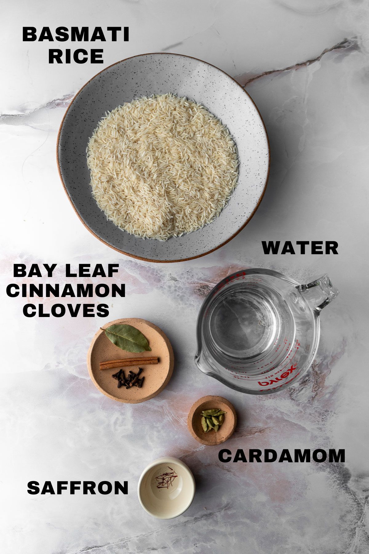 Basmati rice, water, bay leaf, cinnamon, cloves, cardamom, saffron ingredients with labels.