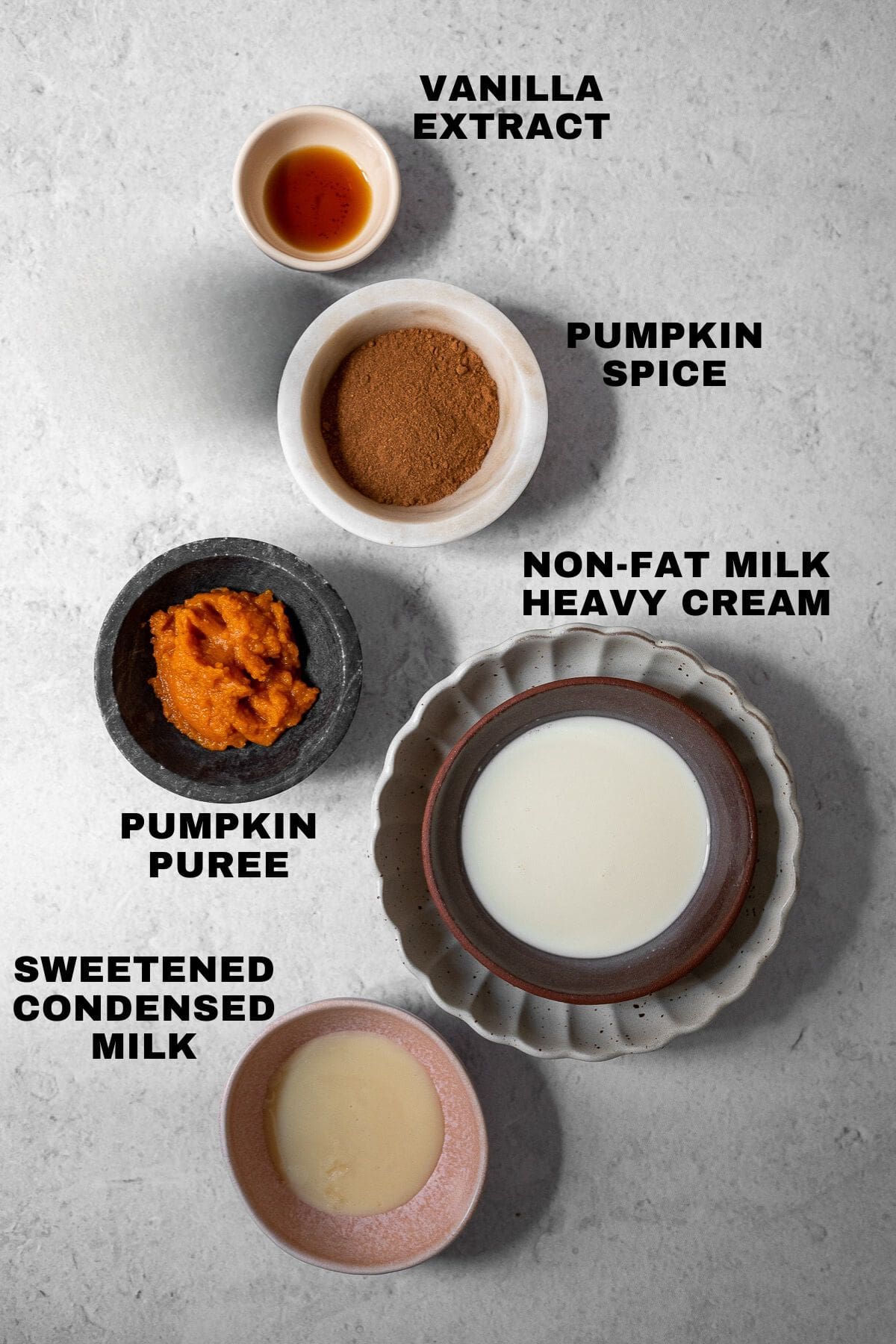 Vanilla extract, pumpkin spice, non-fat milk, heavy cream, pumpkin puree, sweetened condensed milk ingredients with labels.