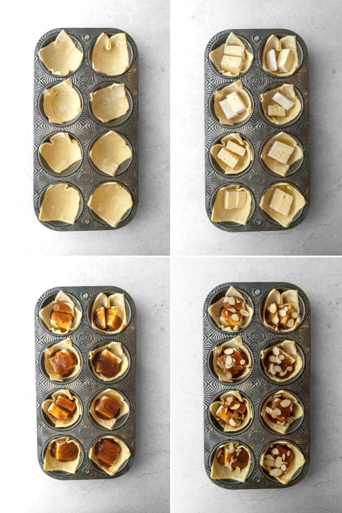 Collage of adding puff pastry, brie, mango chutney, and almonds into a muffin tin.