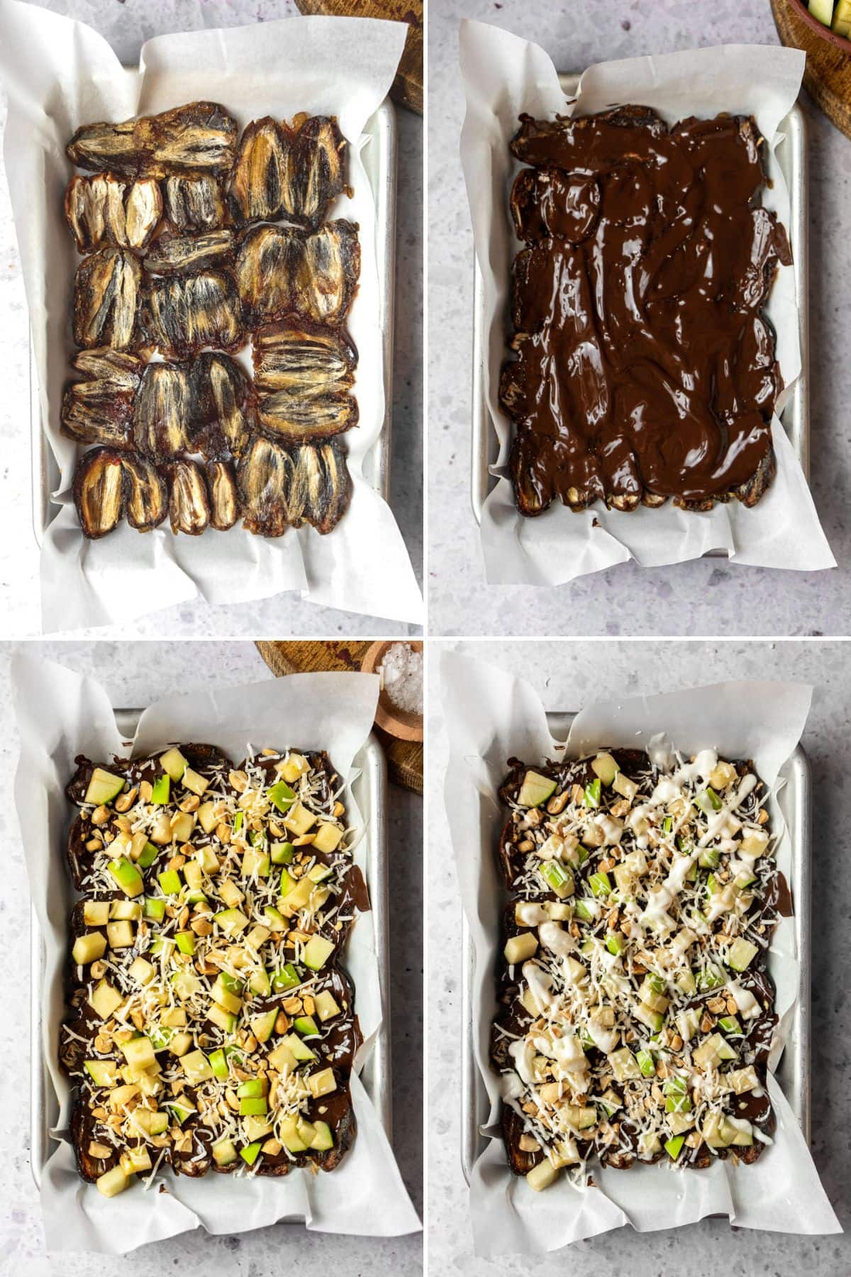 Collage of topping smashed medjool dates with dark chocolate, apples, peanuts, coconut, and a drizzle of white chocolate.