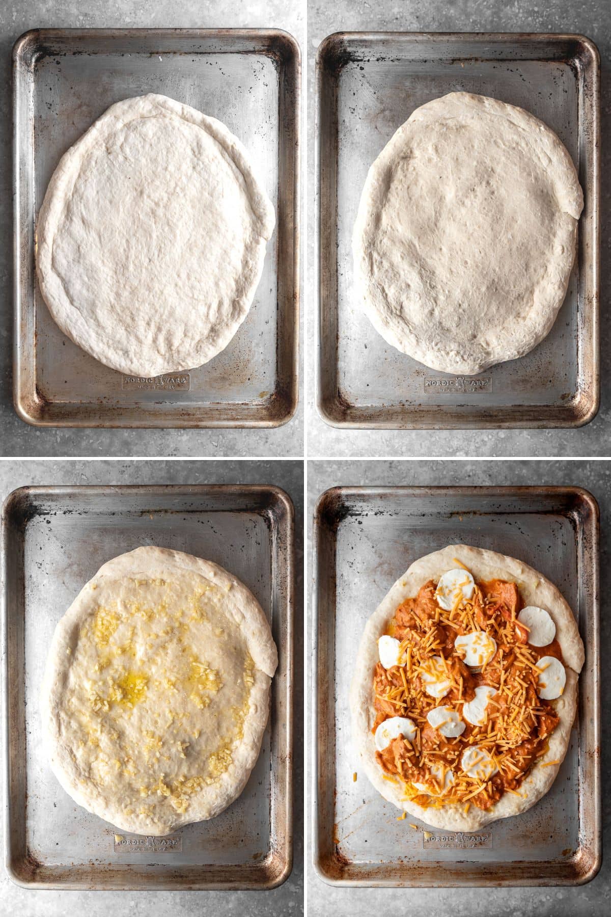 A collage of unbaked, baked, added garlic butter, and then butter chicken pizza toppings in a tray.