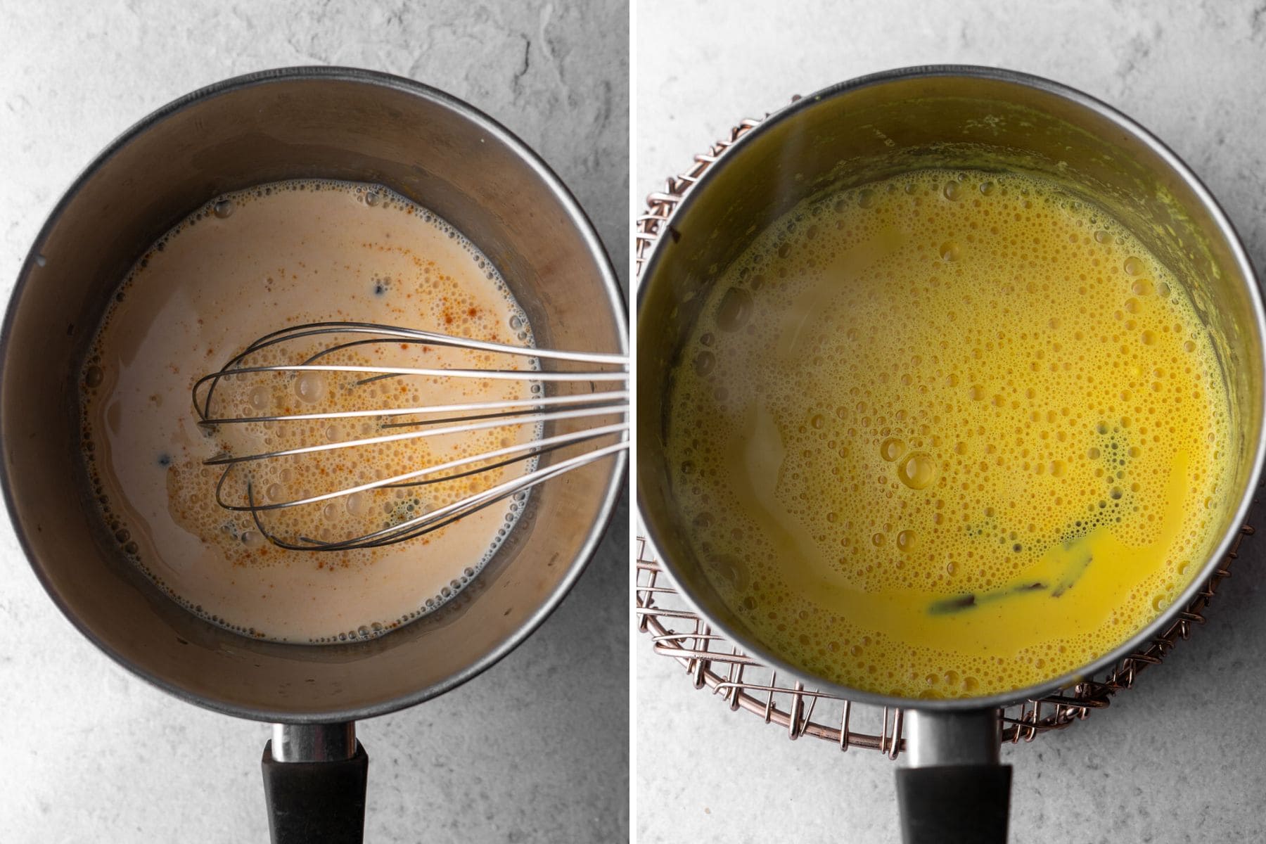 Collage of mixing haldi doodh until simmered into a golden hue.
