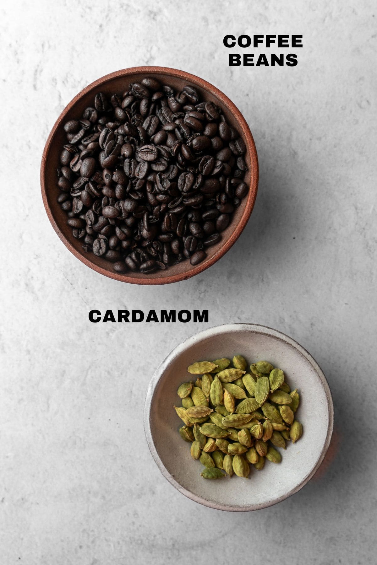 Coffee Beans and Cardamom ingredients with labels.