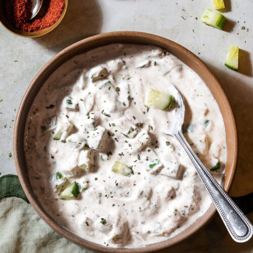 Cucumber Mint Raita in a bowl with a spoon with chili powder and extra cucumbers.