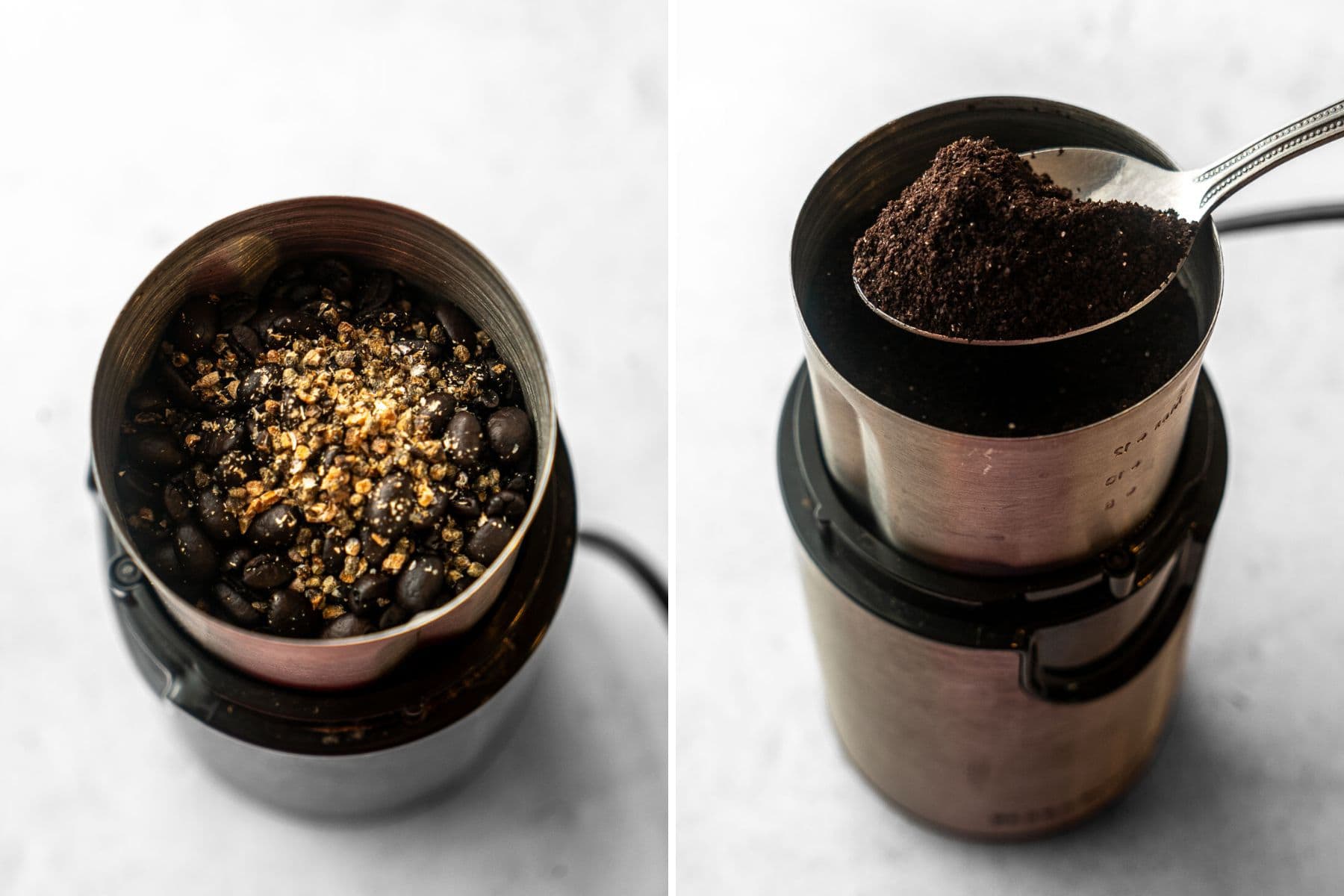 A collage of ungrinded coffee beans and cardamom to grinded.
