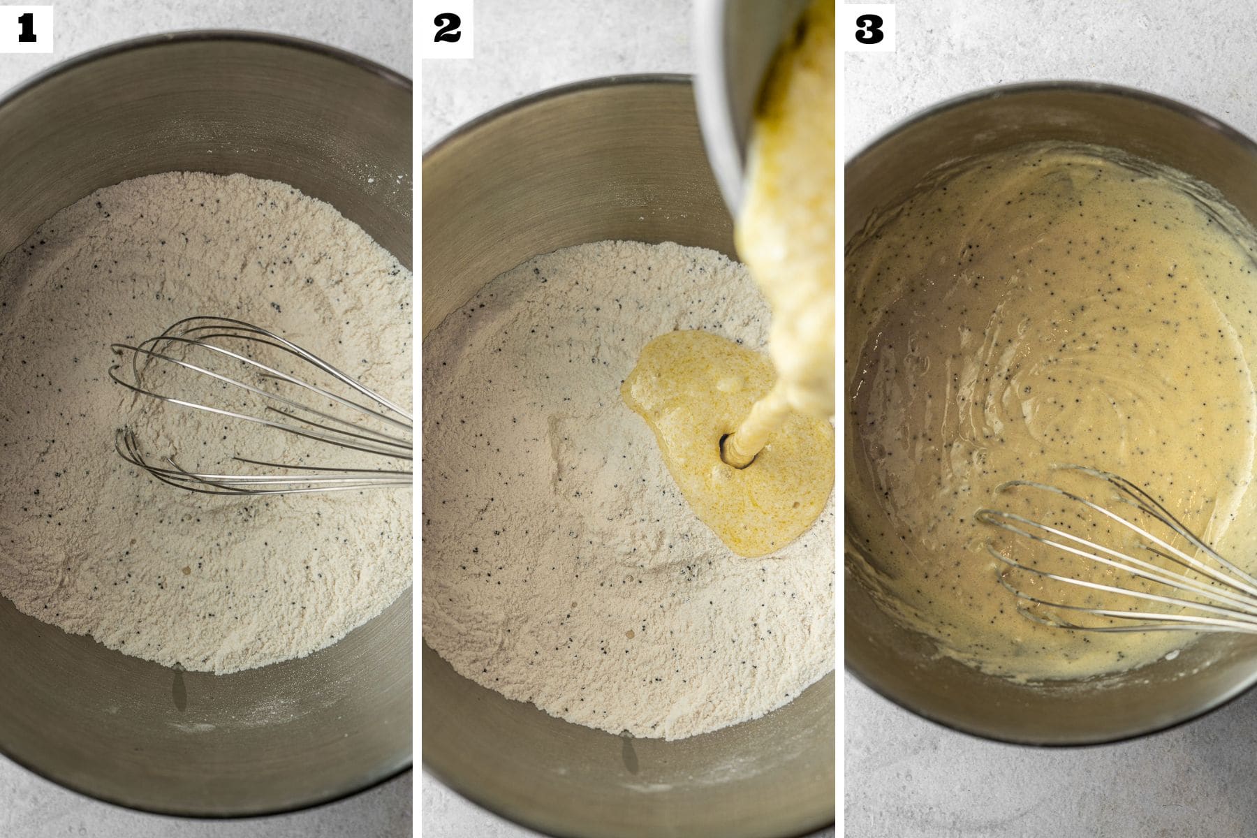 A three part numbered collage of mixing wet ingredients into dry ingredients to make a batter.