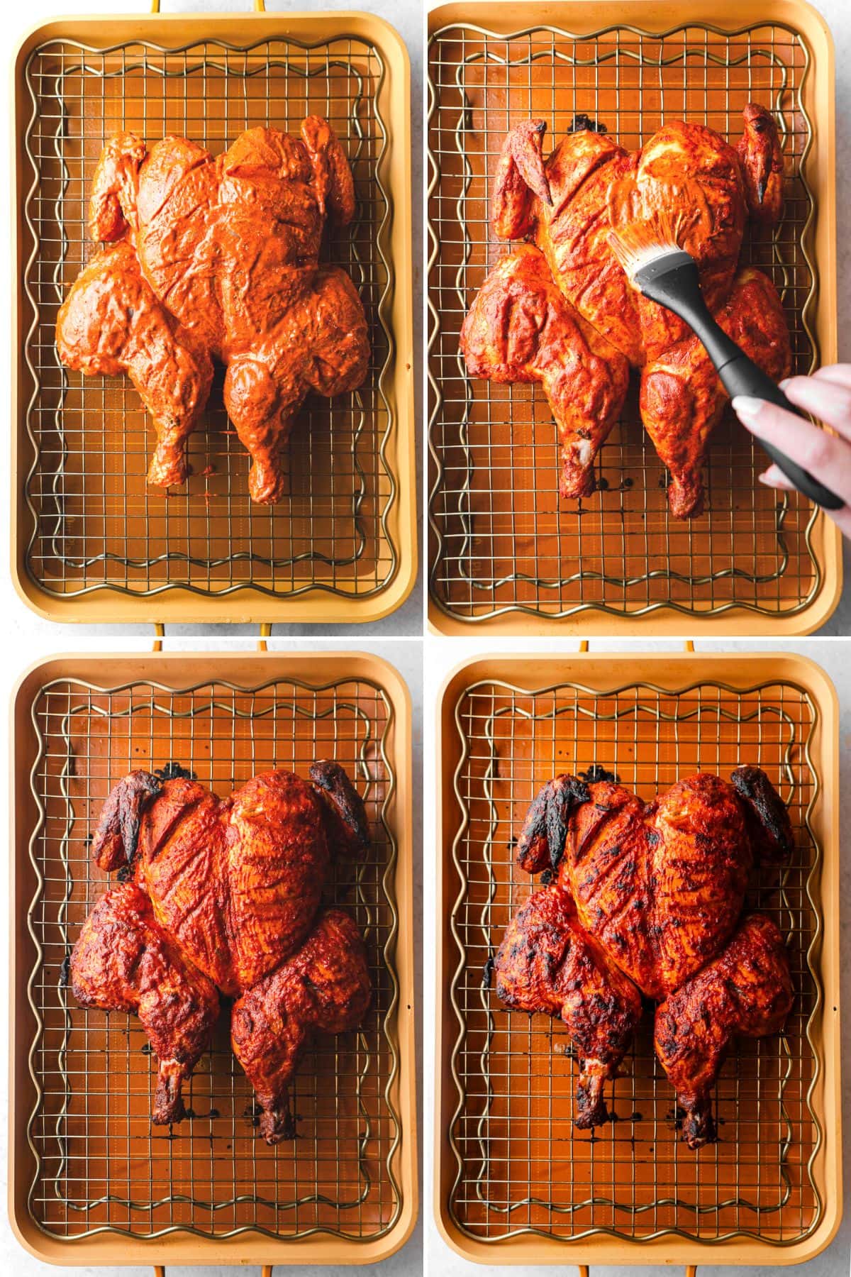 Collage of a marinated Spatchcocked Whole Tandoori Chicken in a baking tray baked, basted, baked again, and then broiled.