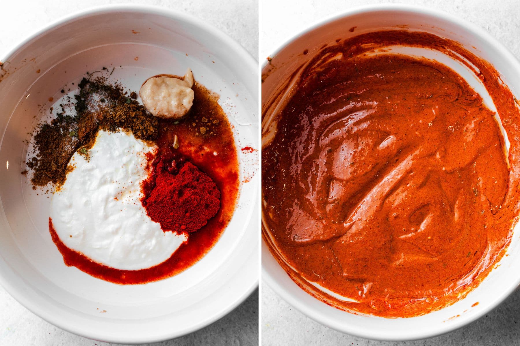 Collage of tandoori marinade unmixed and then mixed in a bowl.