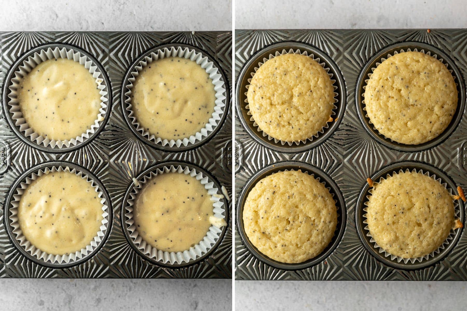A collage of unbaked batter in a muffin tin and then baked lemon poppyseed cupcakes.