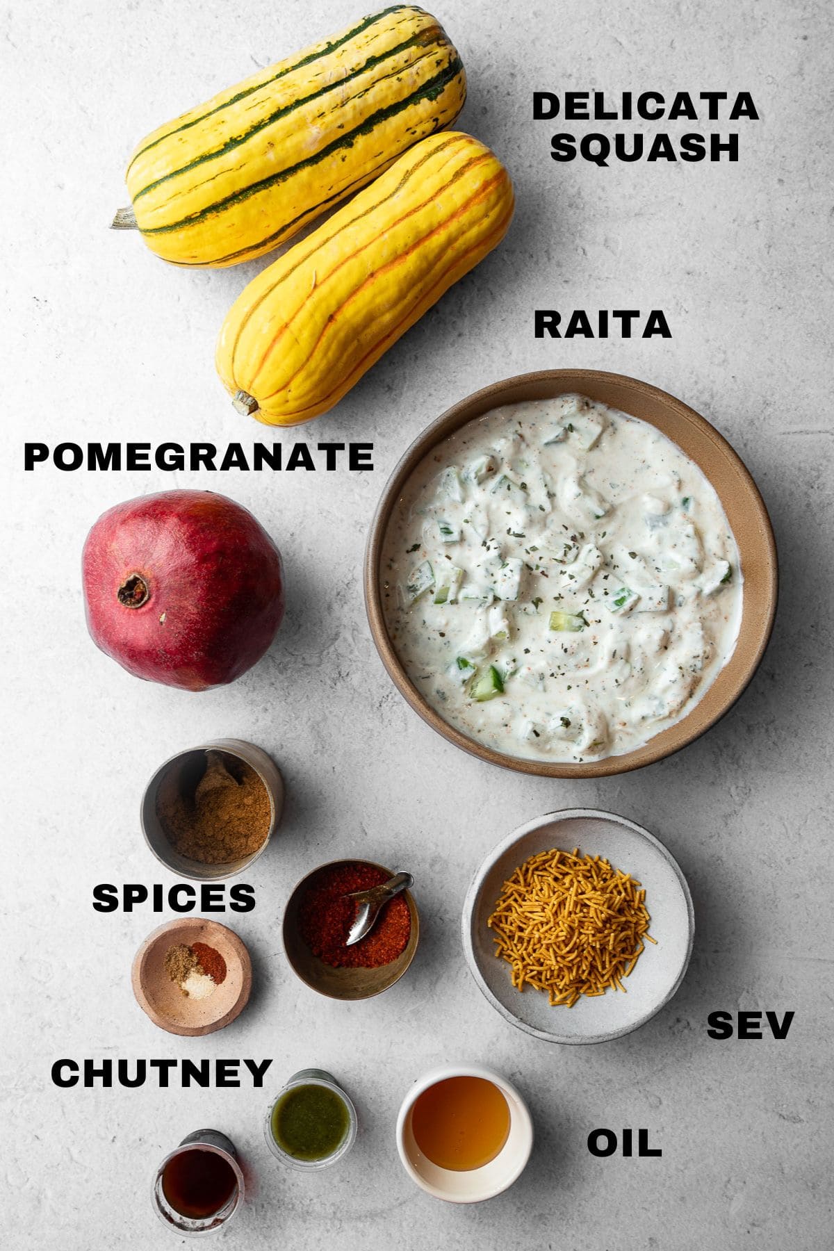 Delicata squash, pomegranate, raita, spices, sev, oil, chutney ingredients with labels.