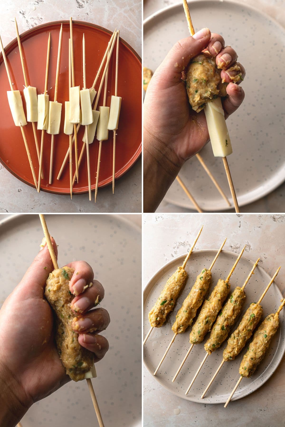 A collage of stringing skewers with cheese, spreading ground chicken mixture over the cheese, and completed skewers.
