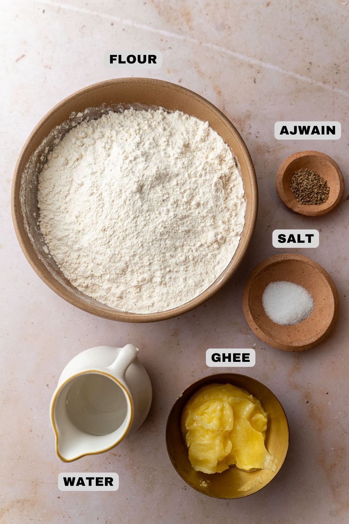 Flour, ajwain, salt, ghee, water ingredients with labels.