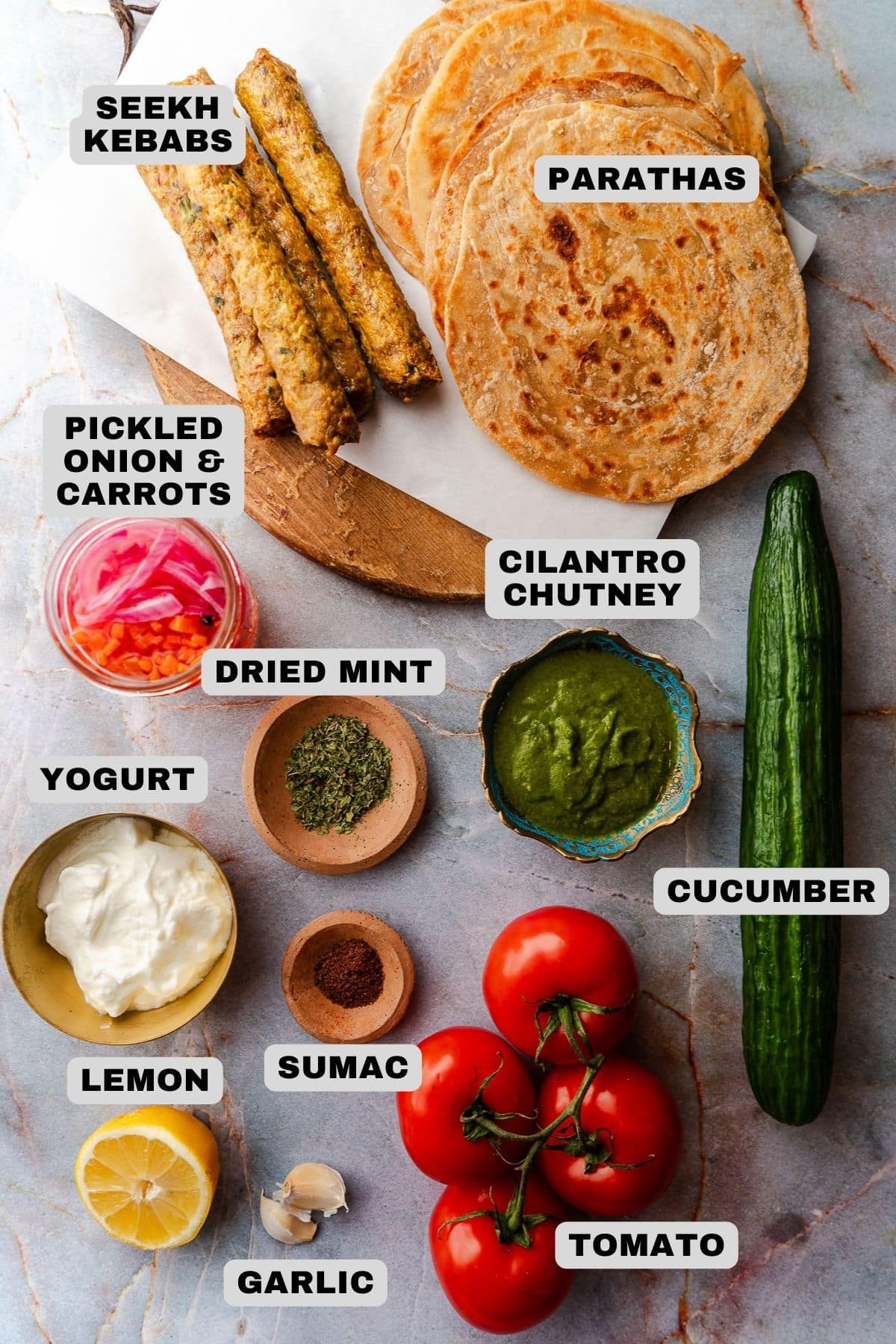 Seekh kebabs, parathas, pickled onion & carrots, dried mint, cilantro chutney, cucumber, tomato, sumac, garlic, lemon, and yogurt ingredients with labels.