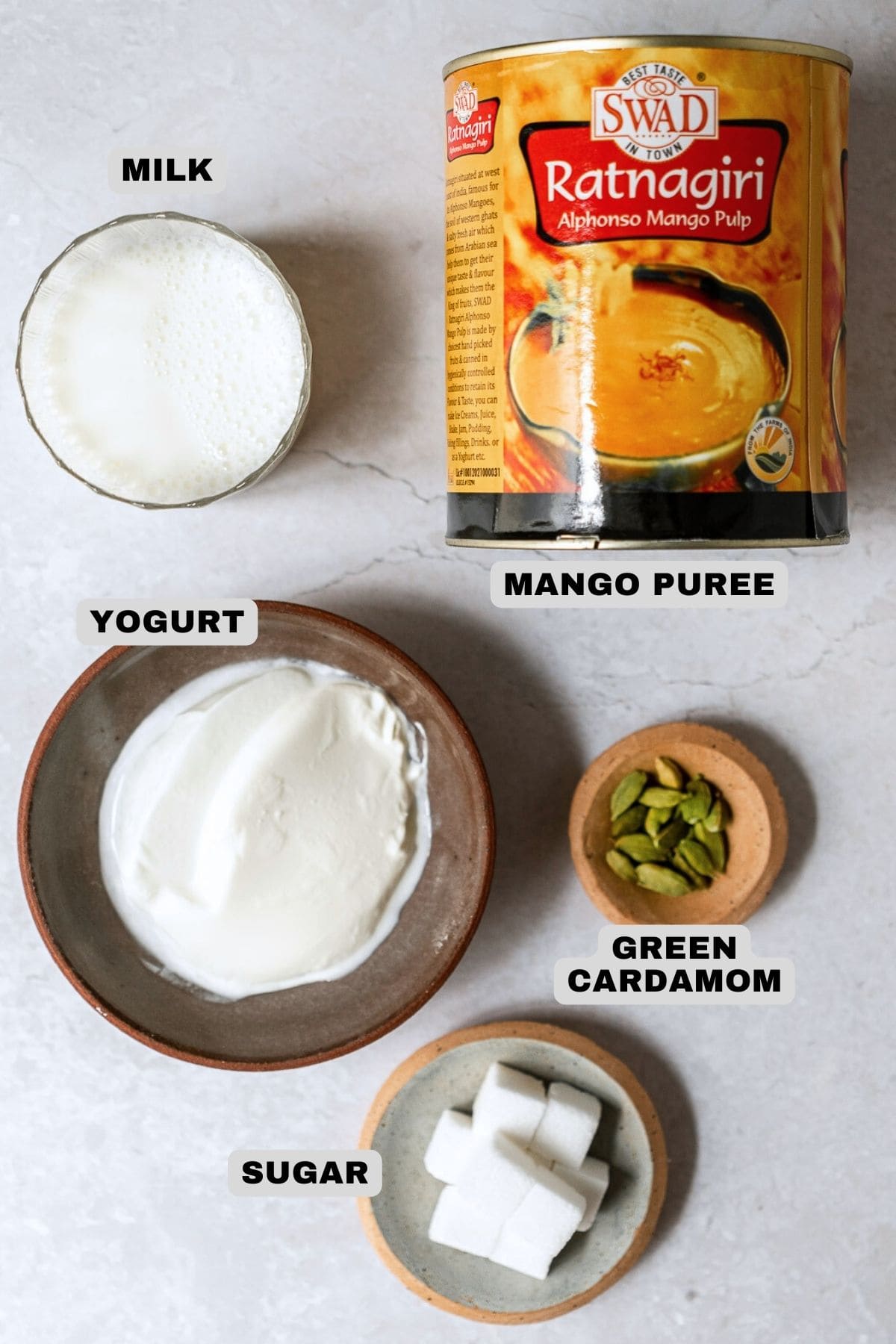 Ingredients for mango lassi with labels.