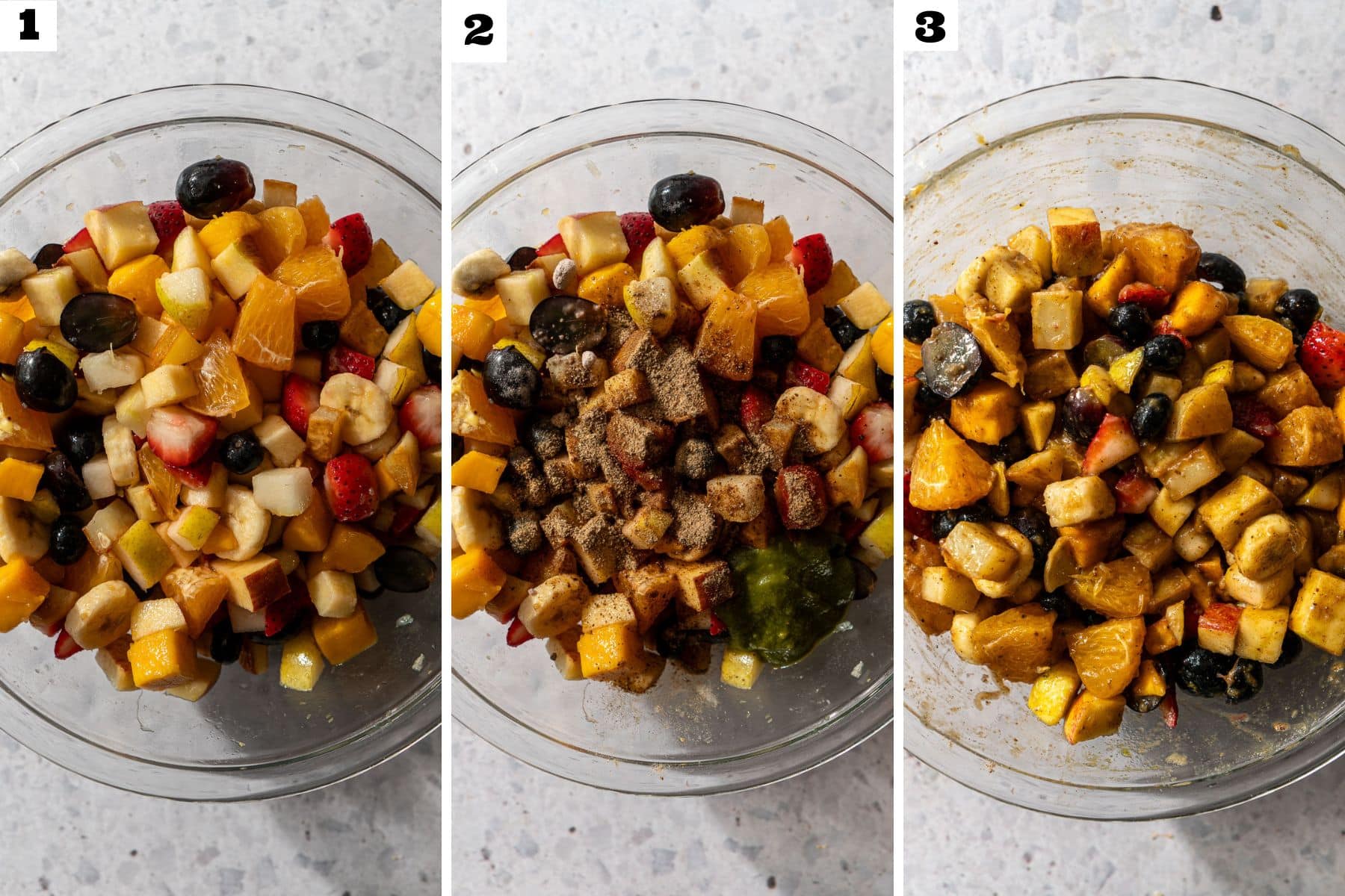 A numbered collage of a bowl filled with chopped assorted fruit, then sprinkled chutney and spices, and then mixed in.