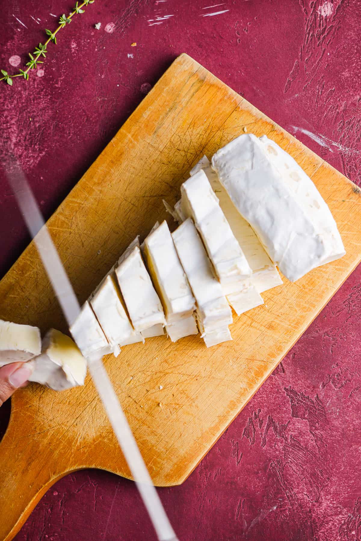 Sliced wedges of brie.