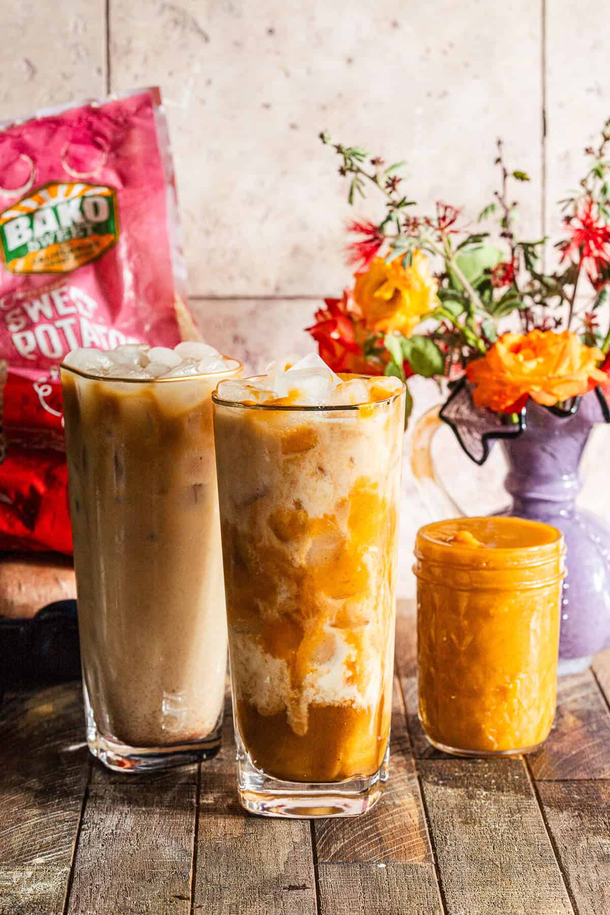 Sweet Potato Lattes with flowers, the syrup, and Bako Sweet bag of sweet potatoes.
