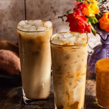 Sweet Potato Lattes with flowers, the sweet potato syrup.