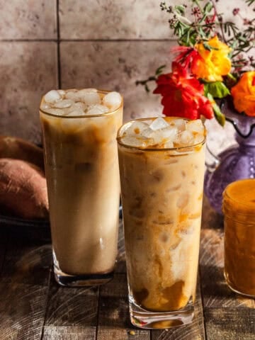 Sweet Potato Lattes with flowers, the sweet potato syrup.