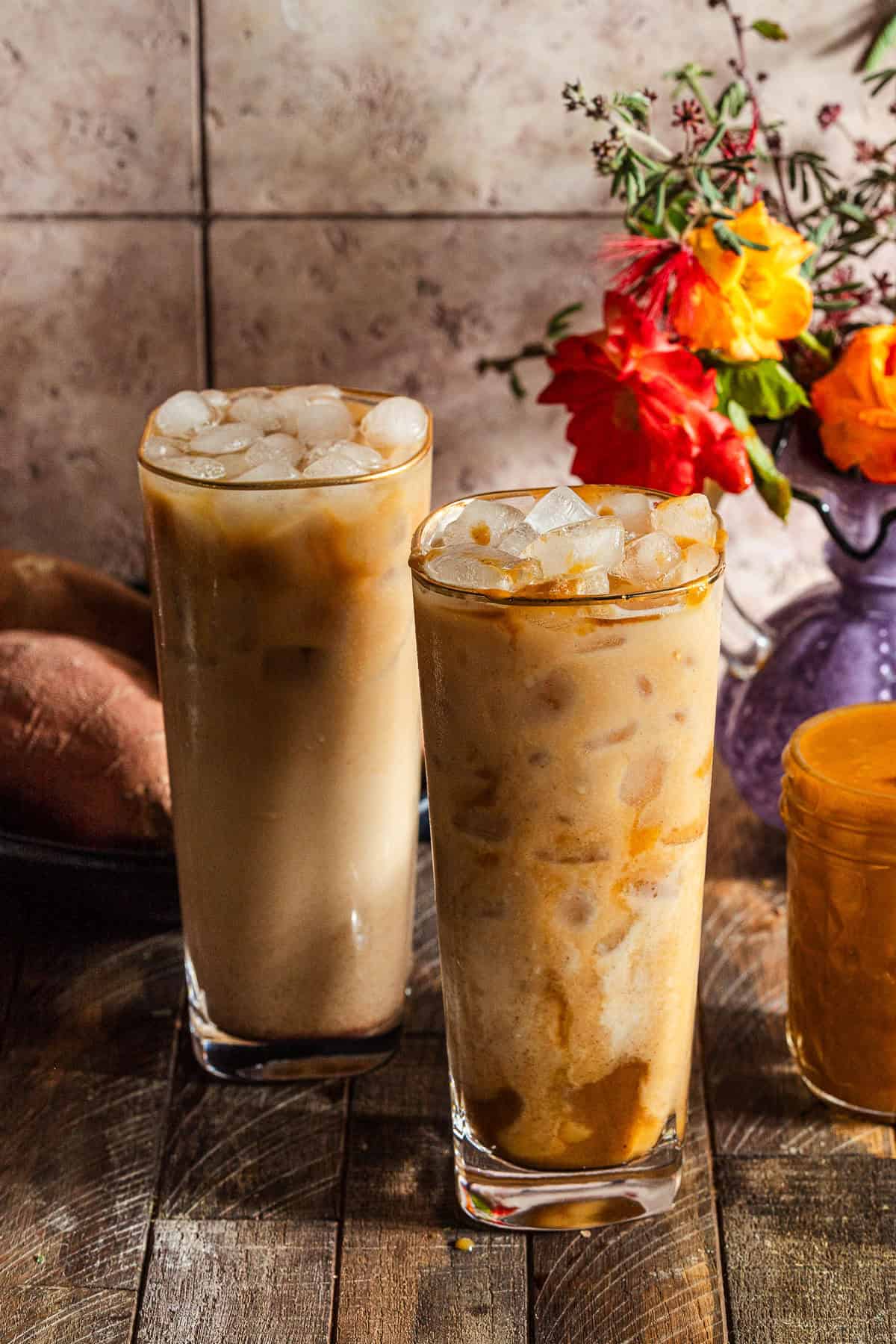 Sweet Potato Lattes with flowers, the sweet potato syrup.