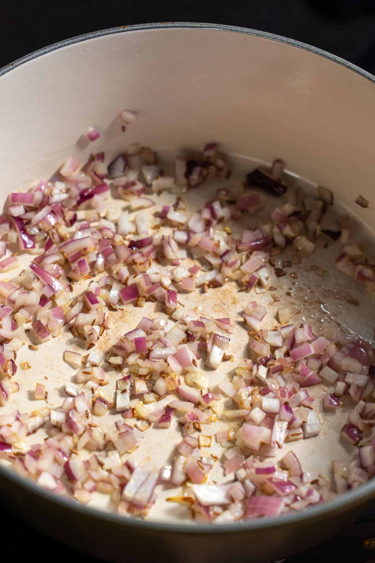 Finely diced onion sauteed.