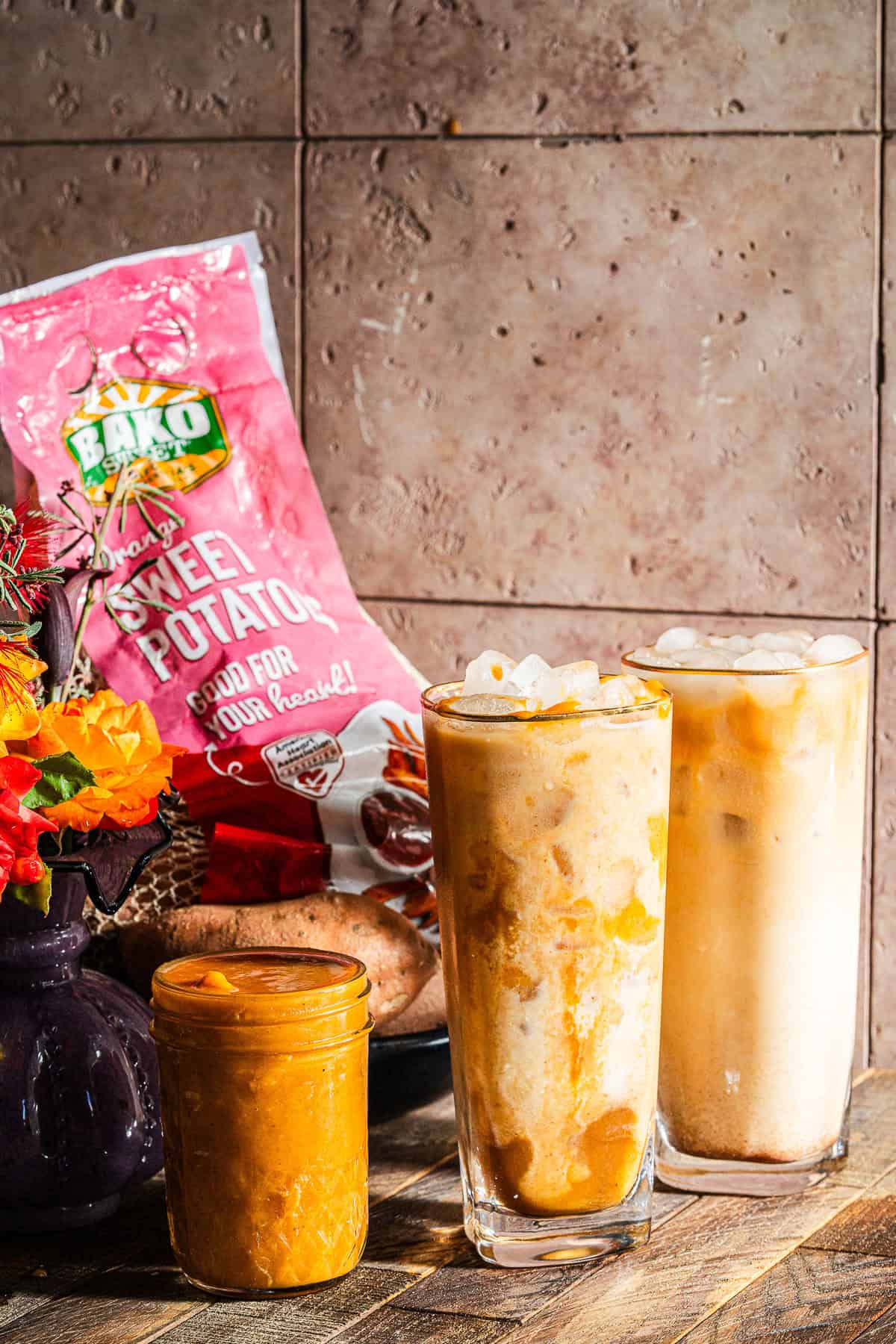 Sweet Potato Lattes with flowers, the syrup, and Bako Sweet bag of sweet potatoes.