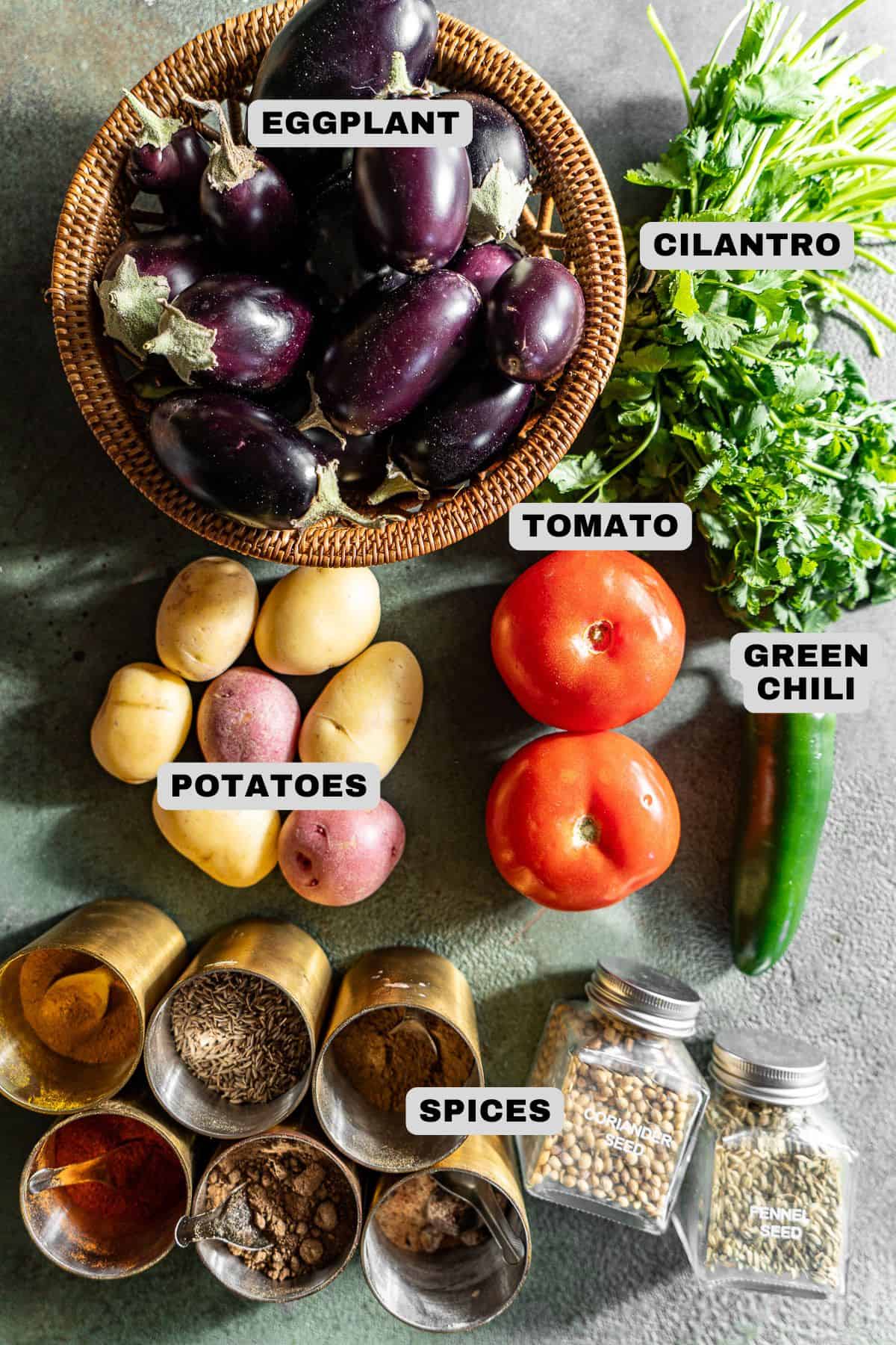 Eggplant, cilantro, tomato, green chili, potatoes, spices ingredients with labels.
