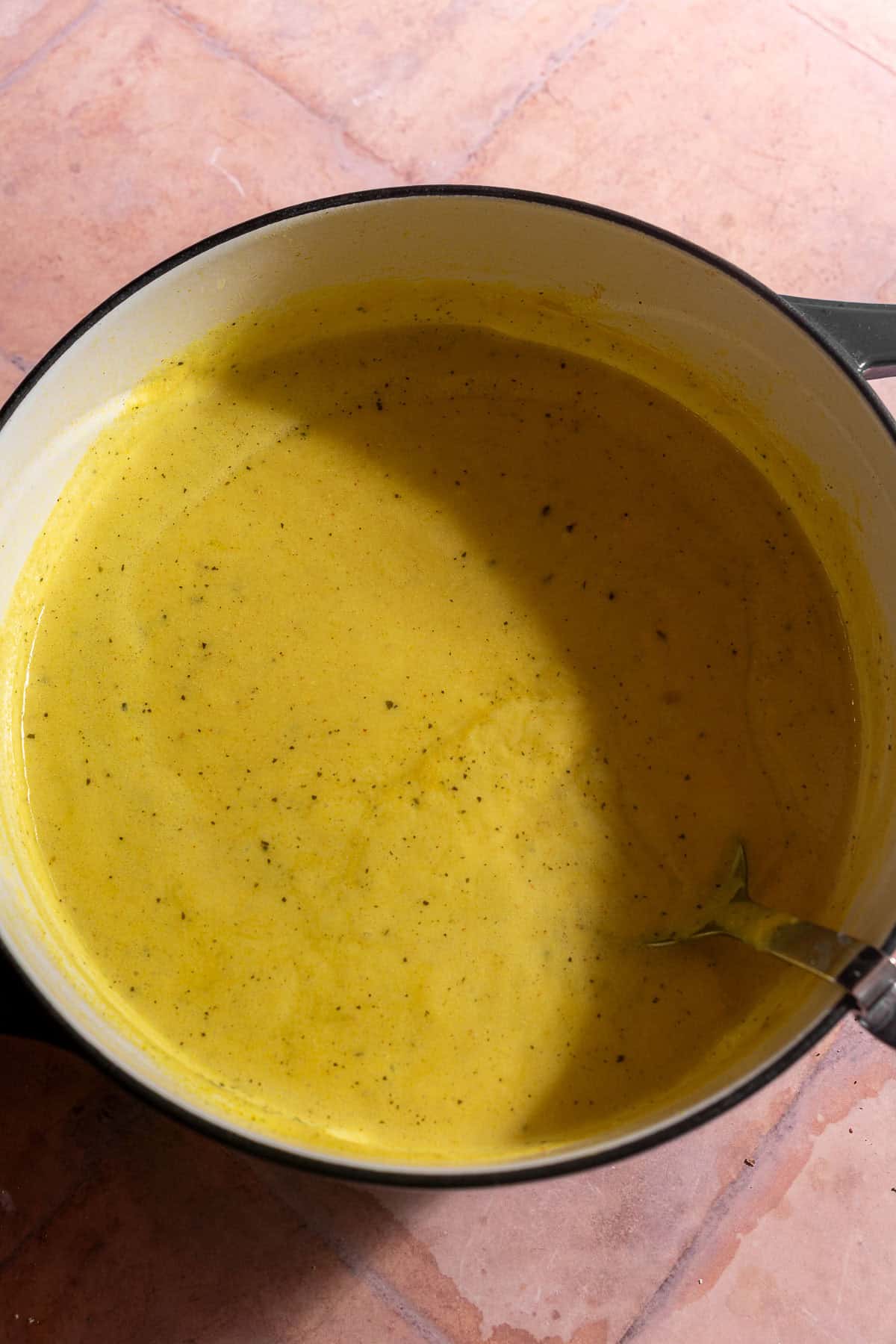 Thick yogurt curry in a dutch oven.