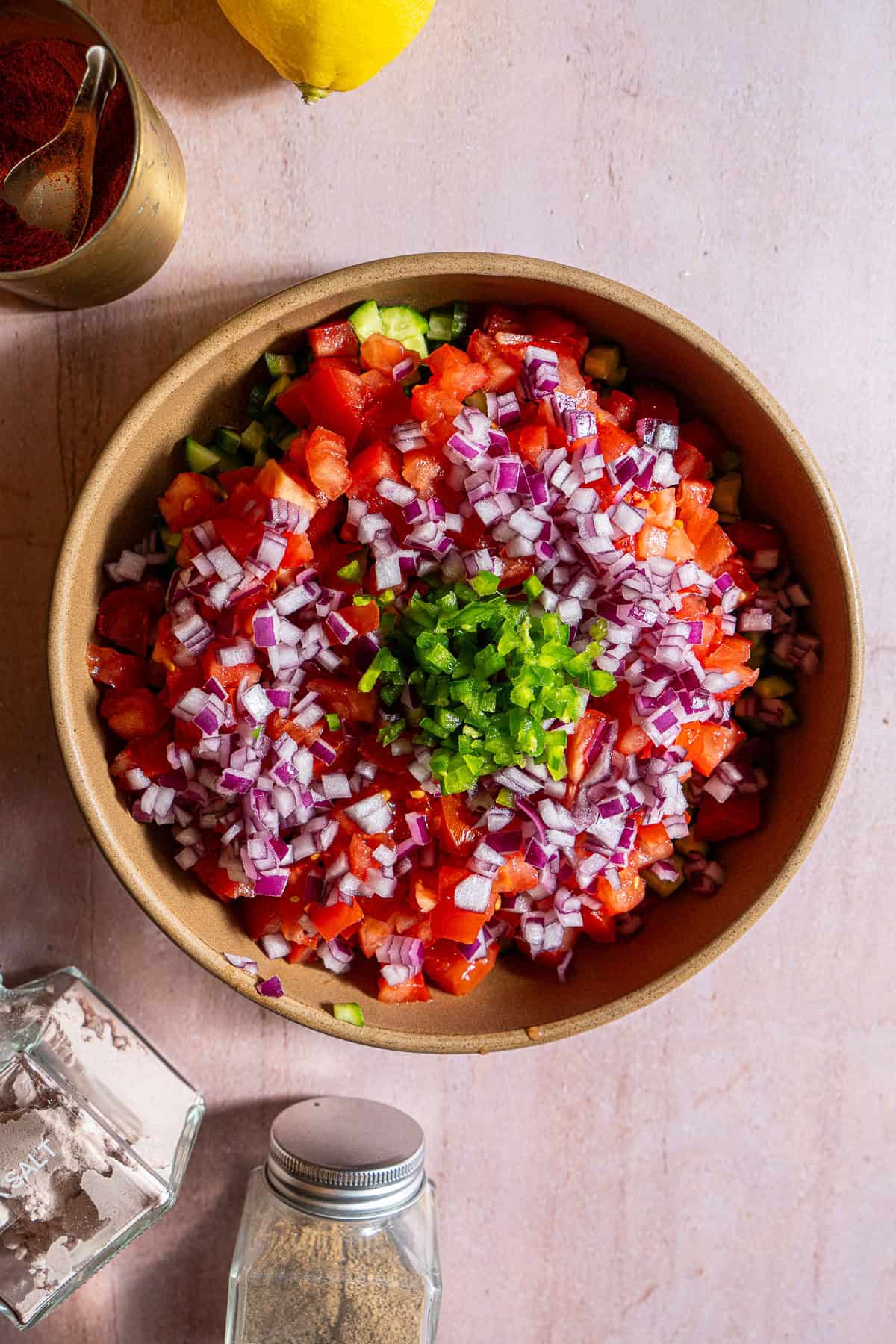 Finely diced veggies for kachumber salad.