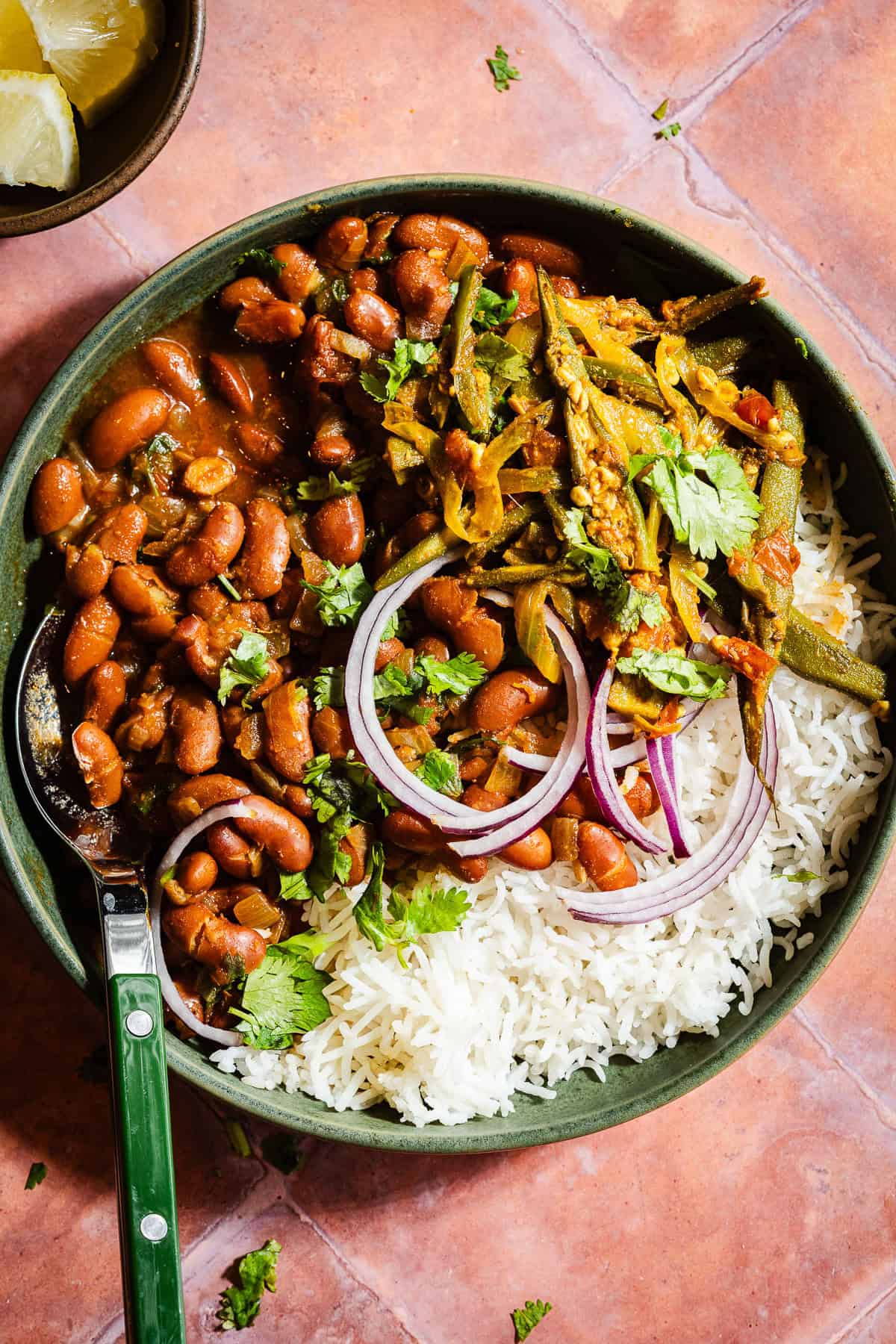 Rajma in a bowl with rice and bhindi.