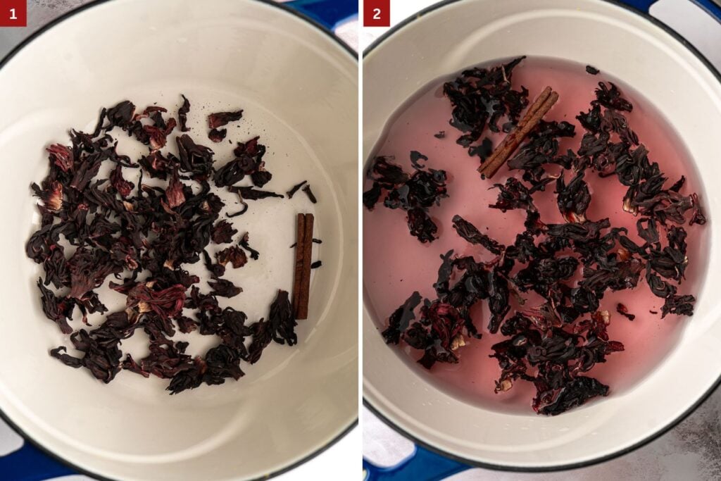 Collage of dried hibiscus roselle in a pot and then steeping it in water.
