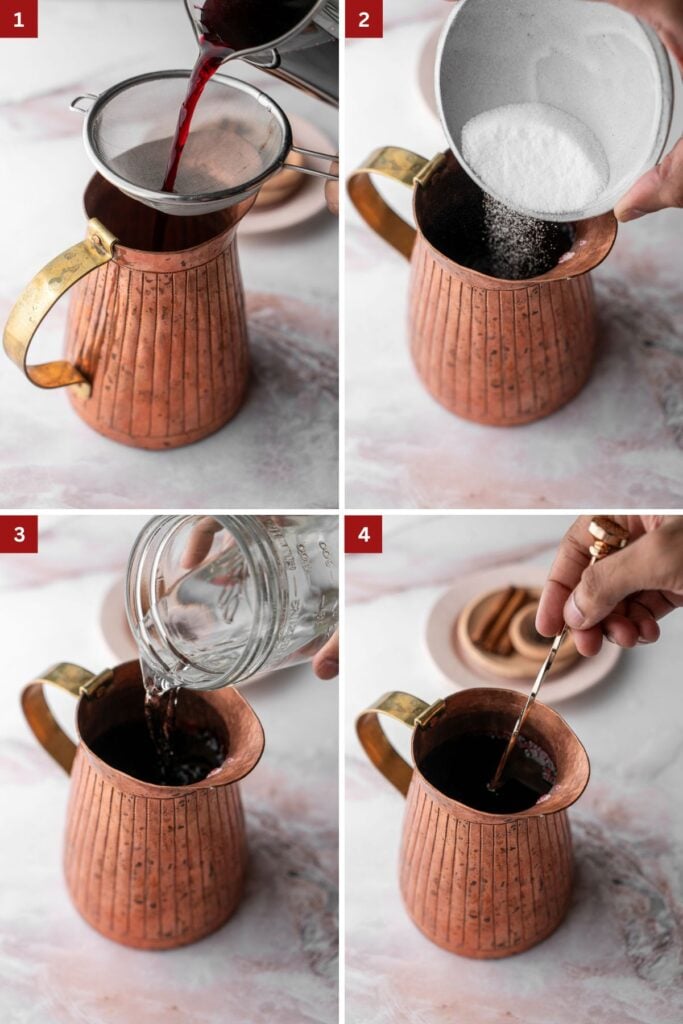 Straining sorrel, adding sugar, diluting with water, and stirring together collage.