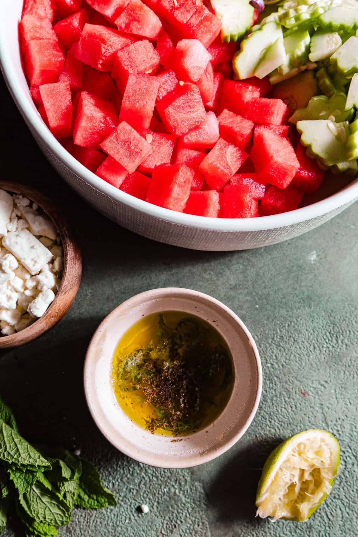 A citrus juiced and olive oil dressing for the watermelon feta salad.