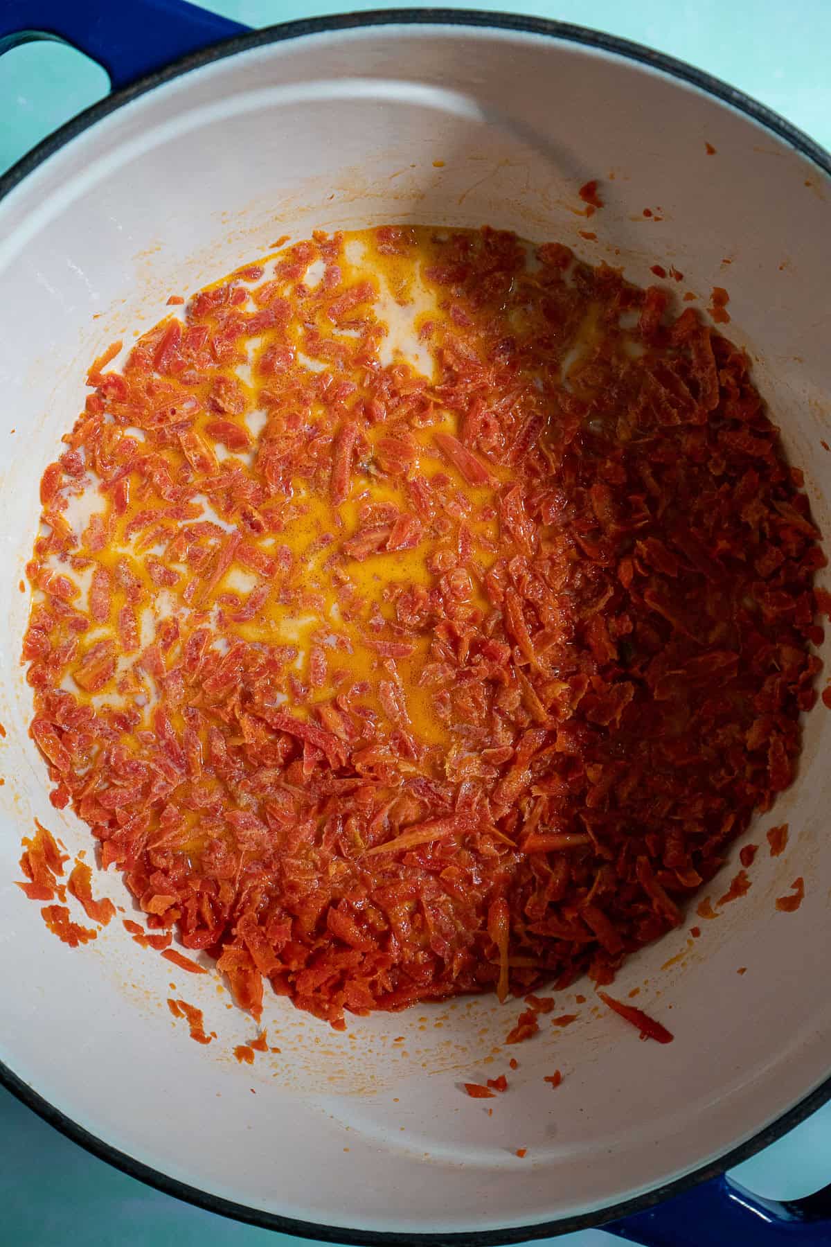 Shredded carrots in ghee and milk.